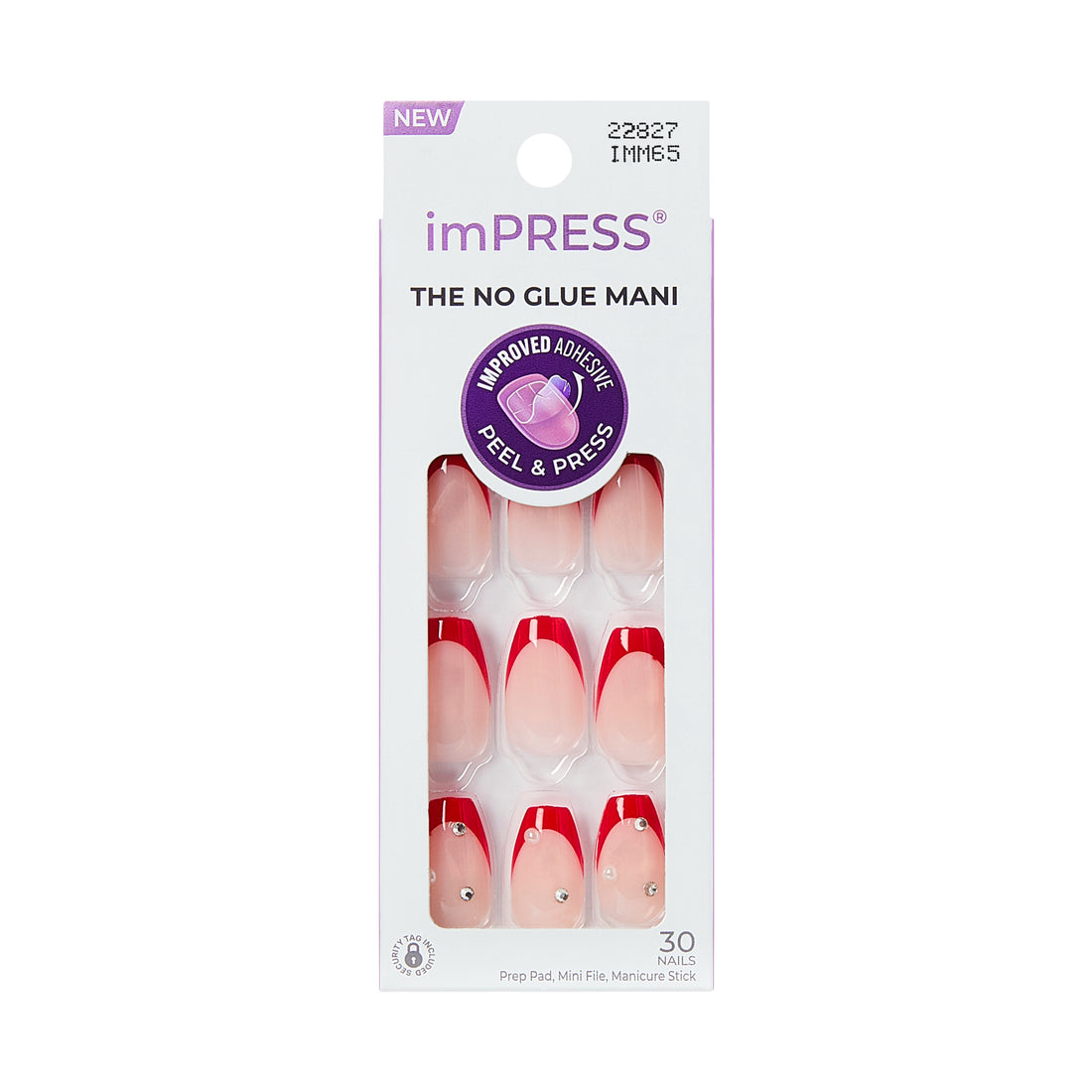 KISS imPRESS Press On Nails, ‘Happy World’, Red, Medium Coffin, 30 Count
