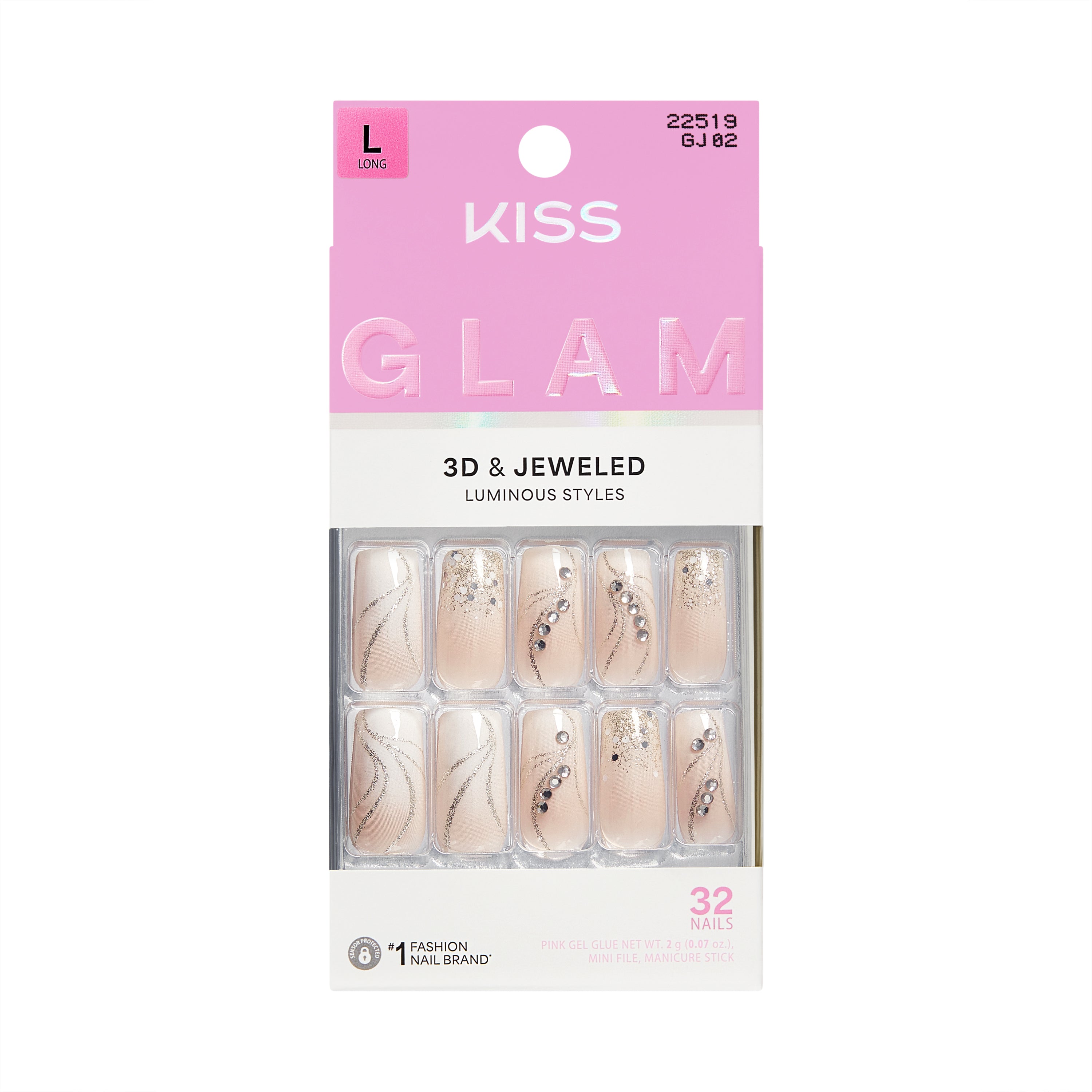 KISS GLAM 3D & Jeweled Press On Nails , ‘Wrapped in Beauty’, Neutral, Long Square, 32 Count