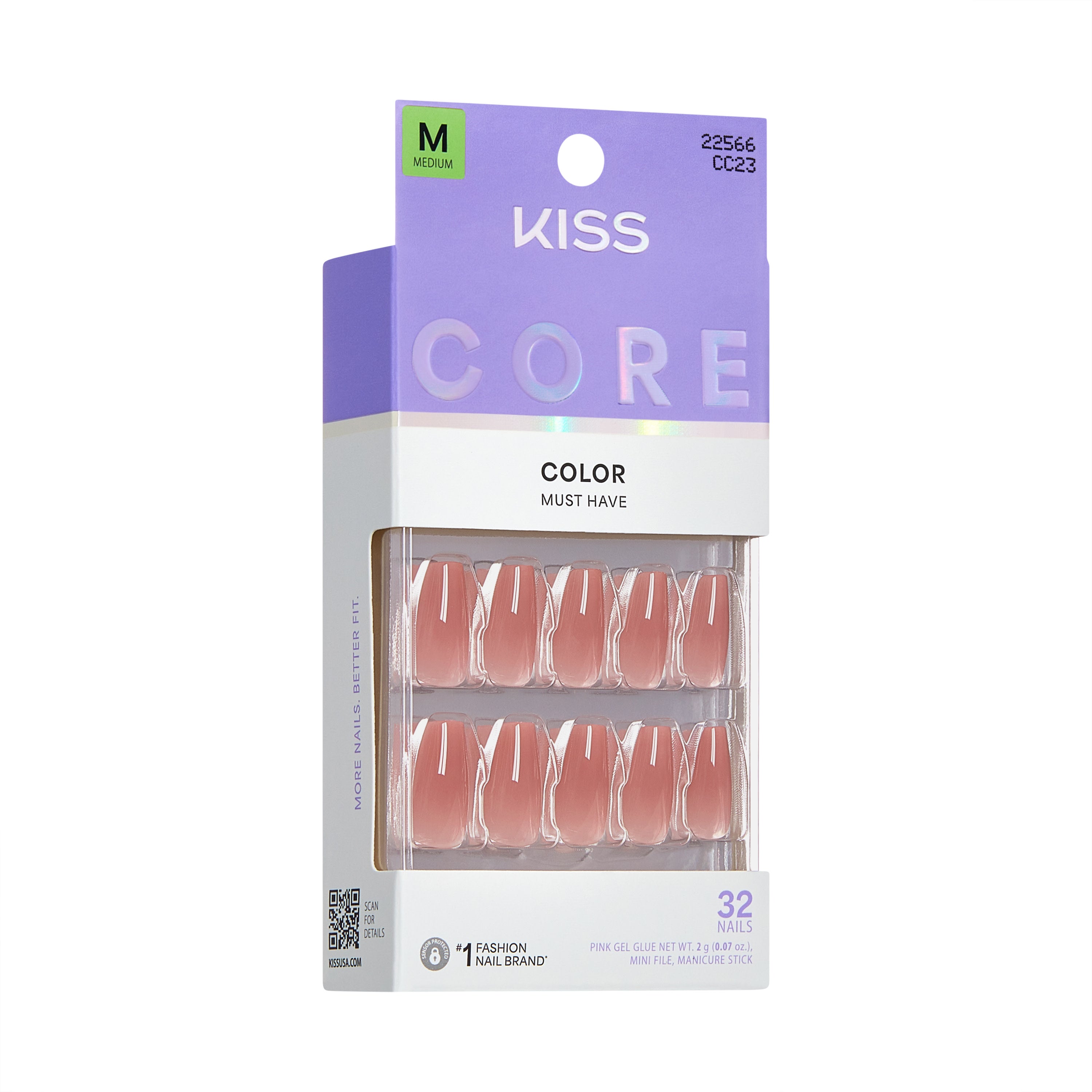 KISS CORE Color Press On Nails, ‘Jubilation’, Pink, Medium Coffin, 32 Count