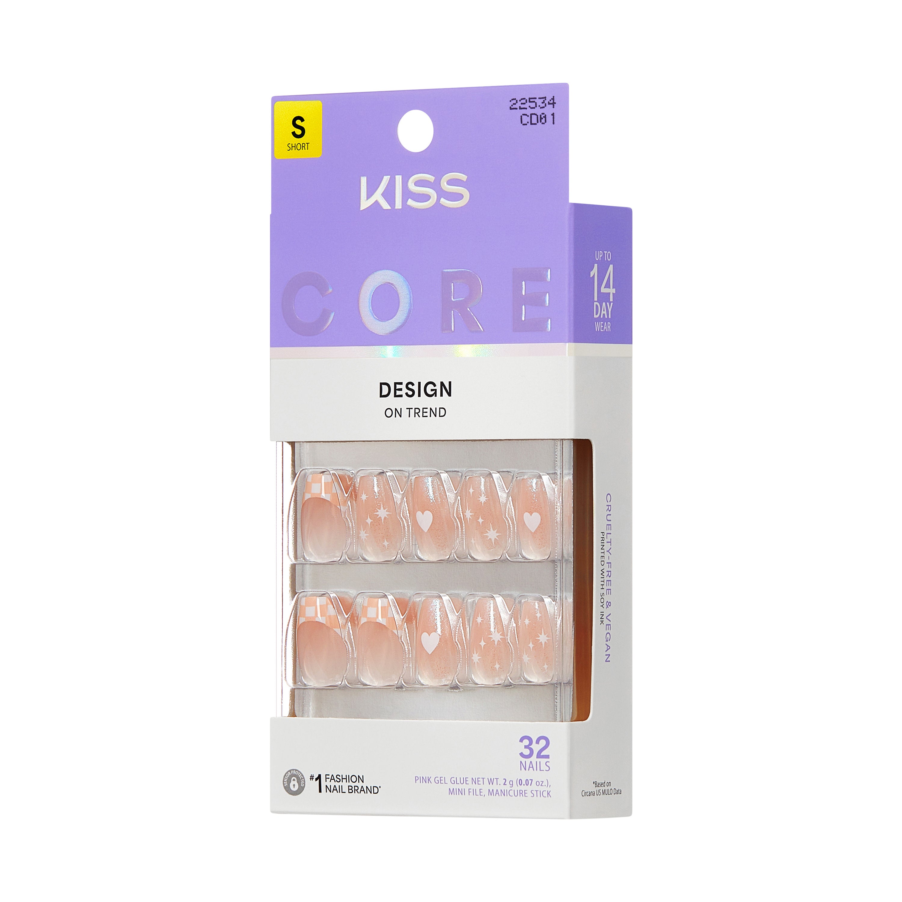 KISS CORE Design Press On Nails, ‘Cheers’, Pink, Short Coffin, 32 Count