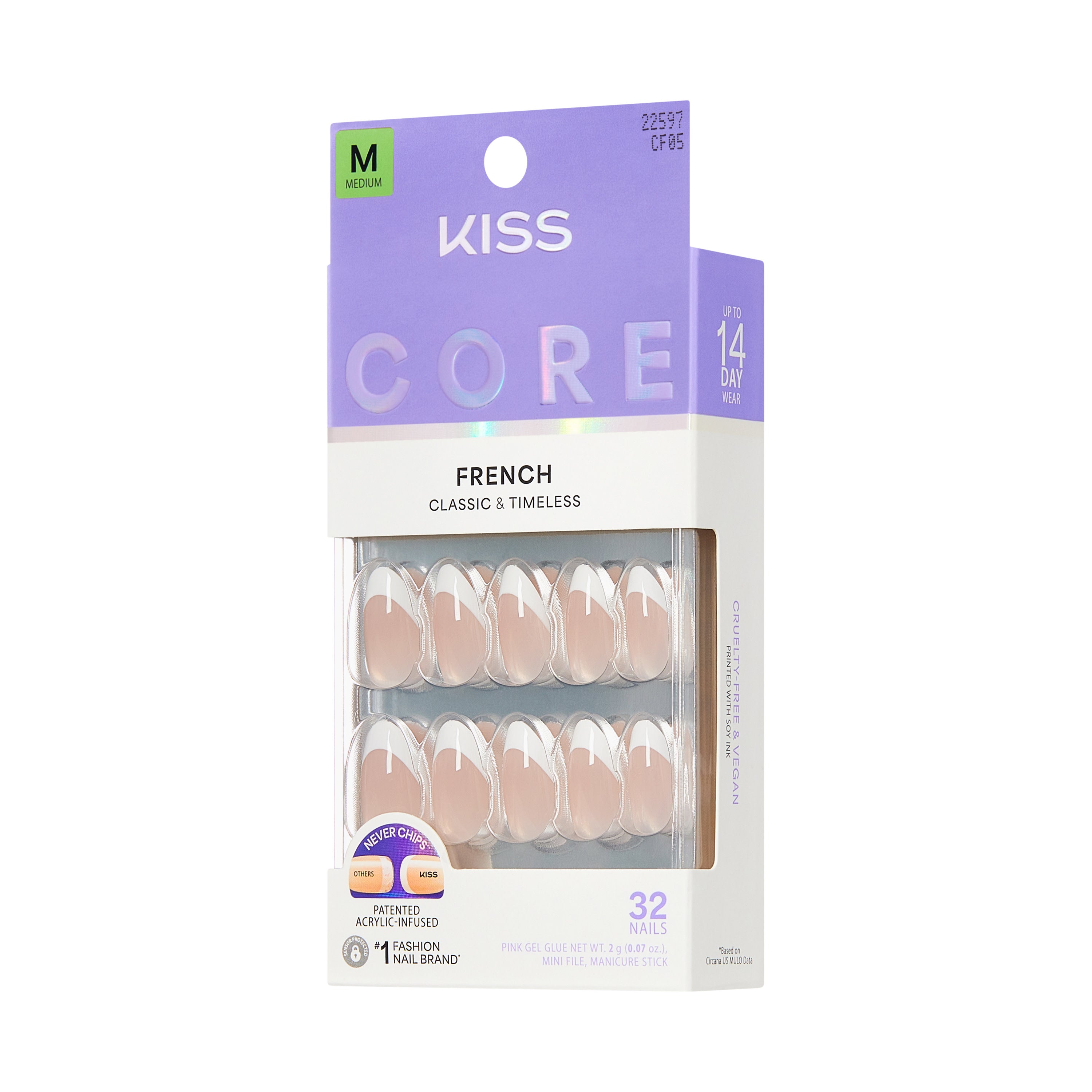 KISS CORE French Tip Press On Nails Almond, ‘Curiosity’, White, Medium Length, 32 Count