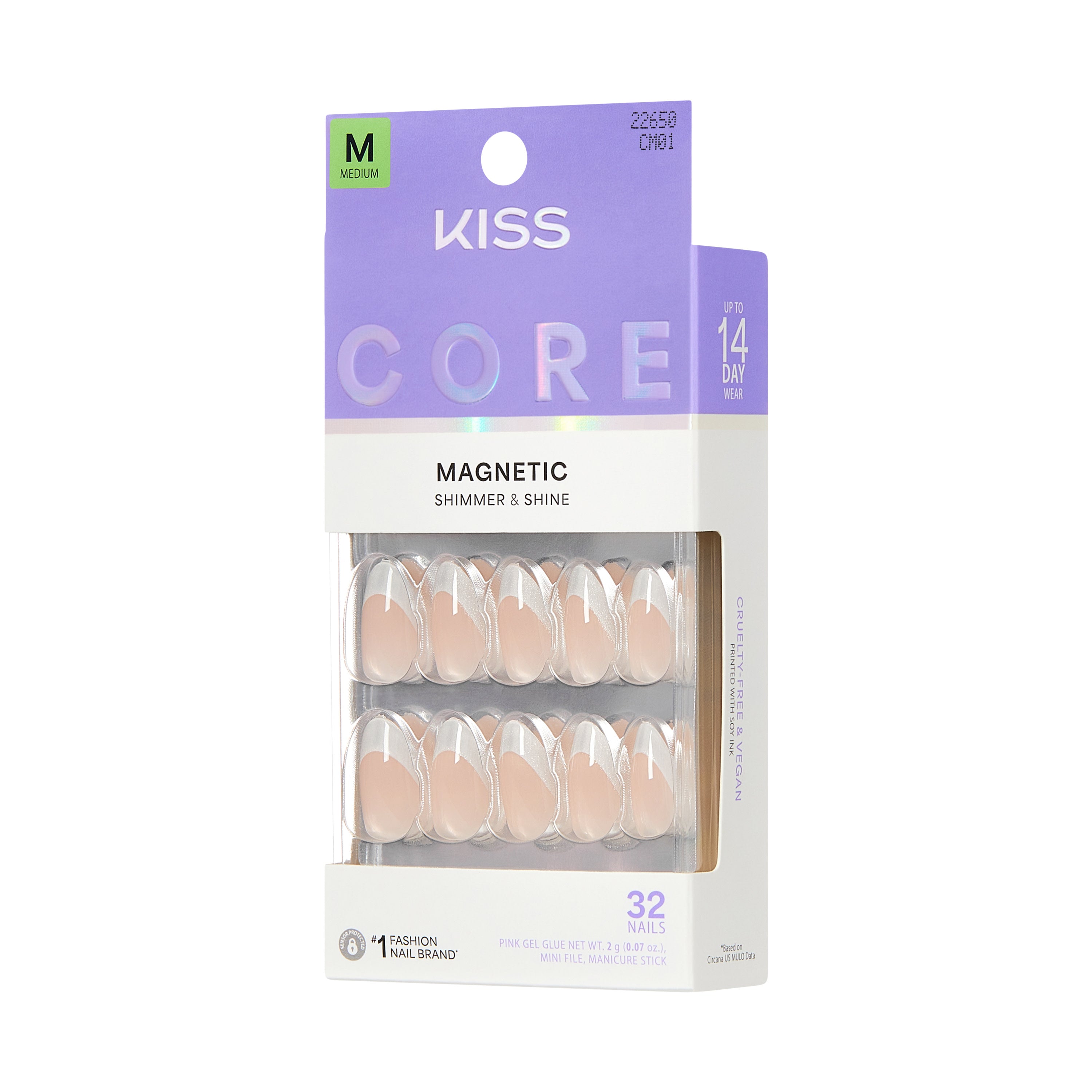 KISS CORE Magnetic Press On Nails Almond, ‘Patchouli’, Silver, Medium Length, 32 Count