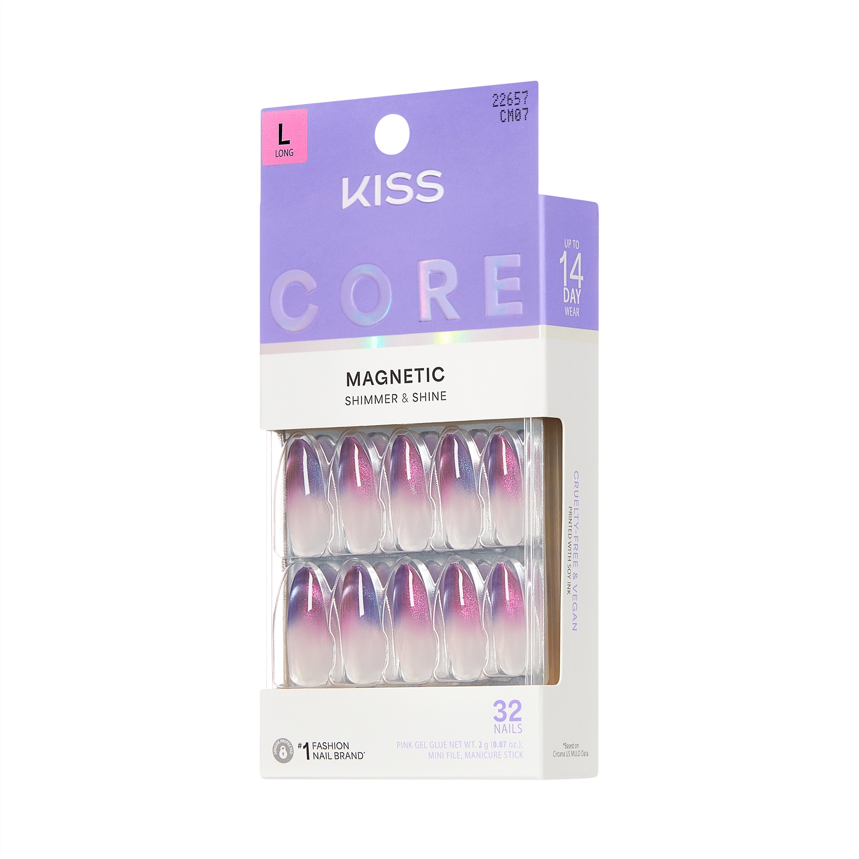KISS CORE Magnetic Press On Nails, ‘Twinkling Stars’, Purple, Long Round, 32 Count