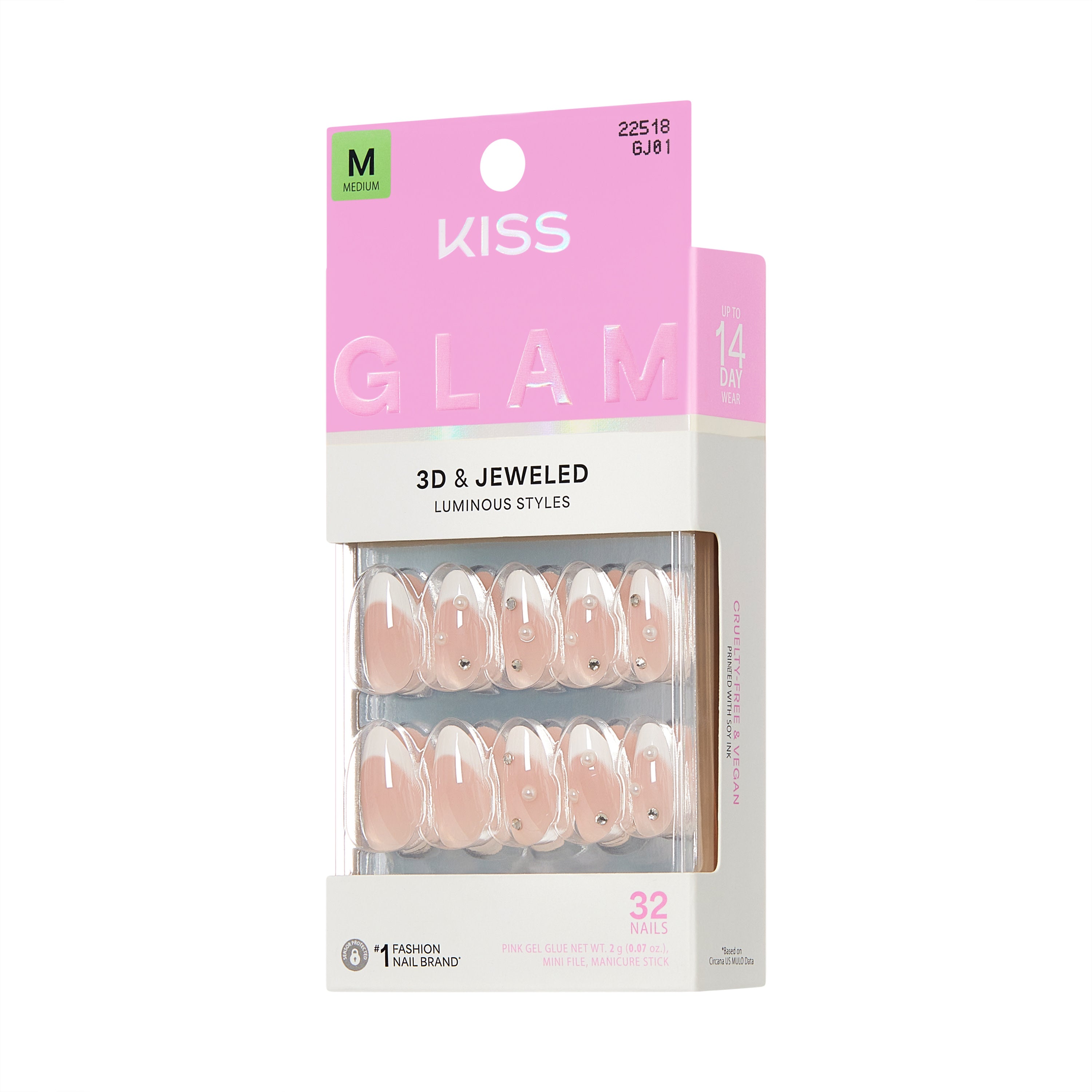 KISS GLAM 3D & Jeweled Press On Nails Almond, ‘Serendipity Awaits’, Neutral, Medium, 32 Count