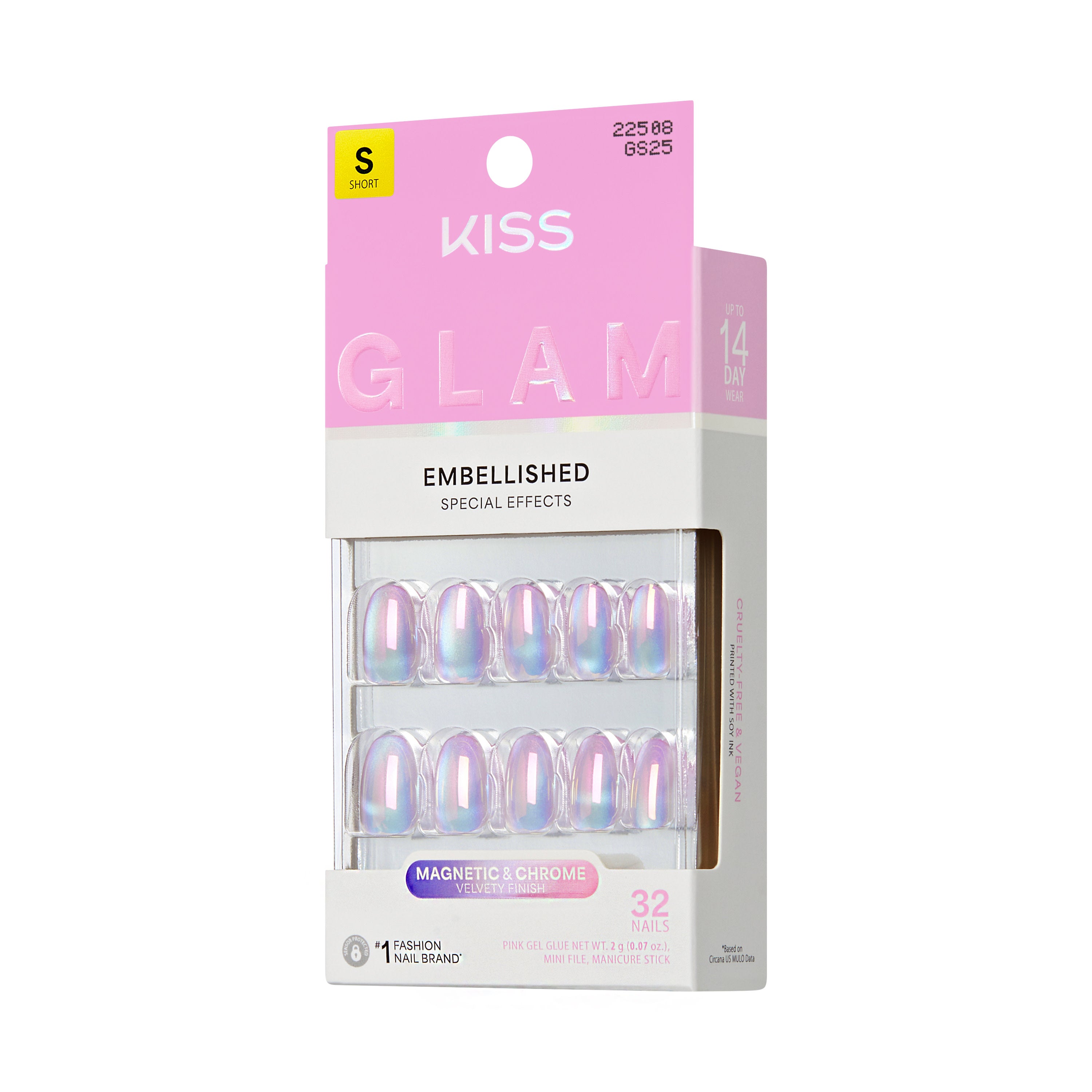 KISS GLAM Embellished Press On Nails, ‘One n Only’, Pink, Short Round, 32 Count