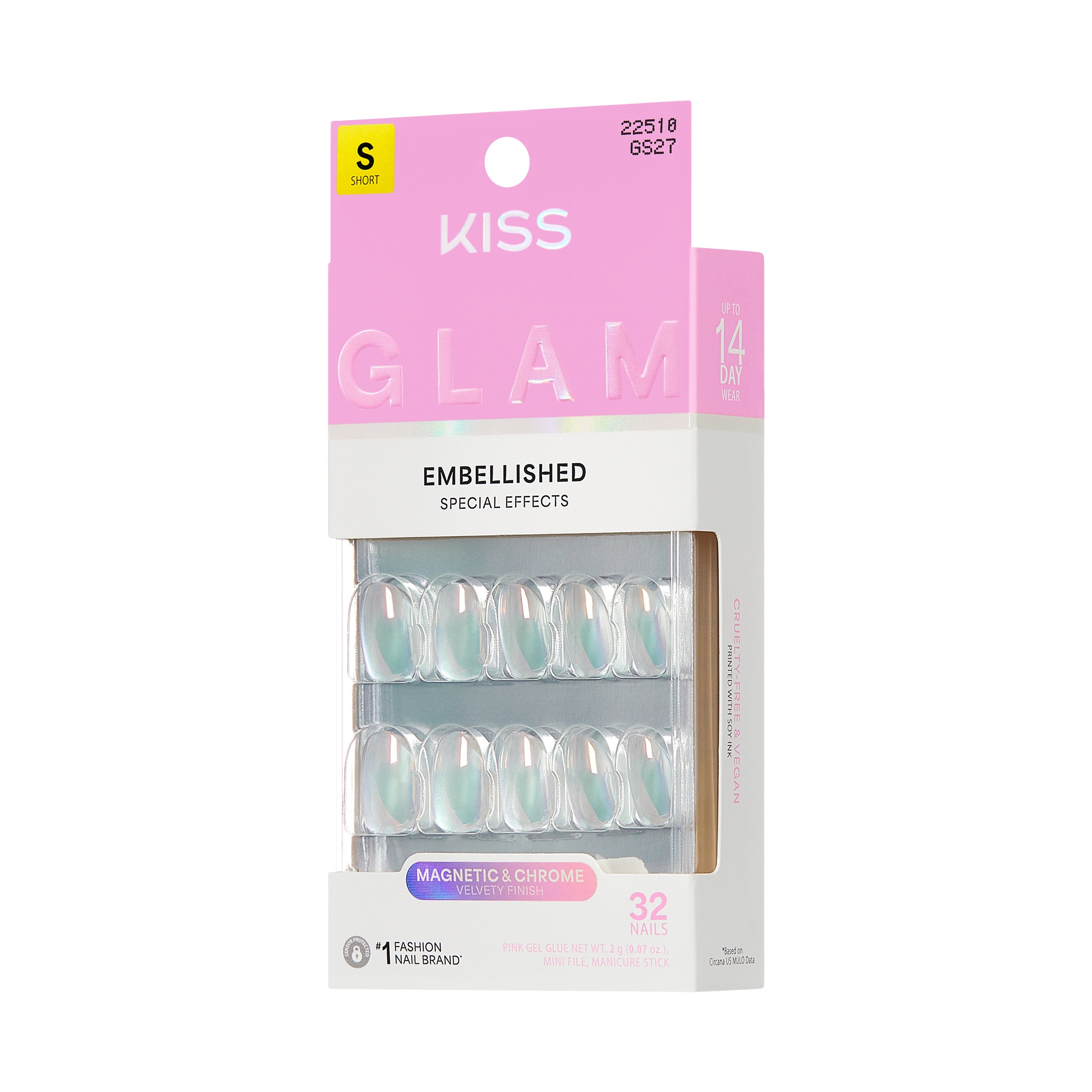 KISS GLAM Embellished Press On Nails, ‘Celestique’, Blue, Short Round, 32 Count