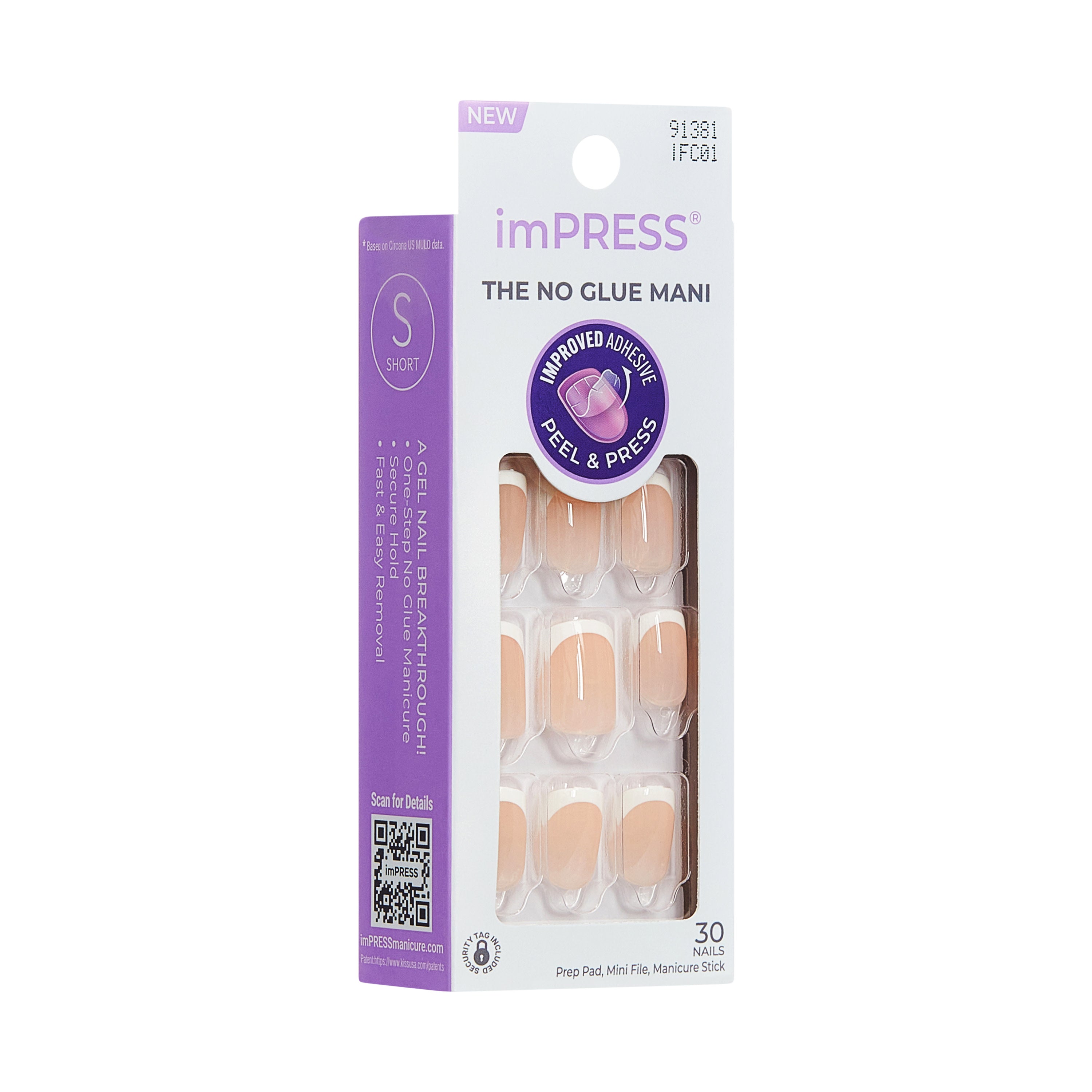 imPRESS Classic French Press On Nails, No Glue Needed, White Tips, Short Square, 30 Ct.