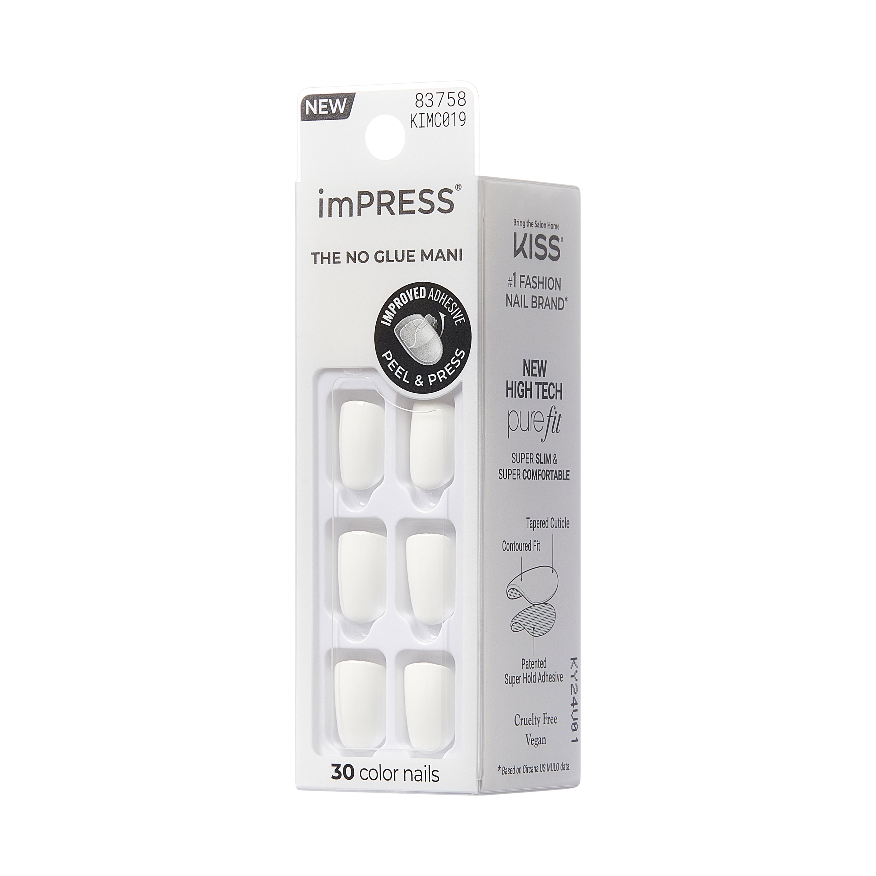 imPRESS Color Press On Nails, No Glue Needed, White, Short Squoval, 30 Ct.
