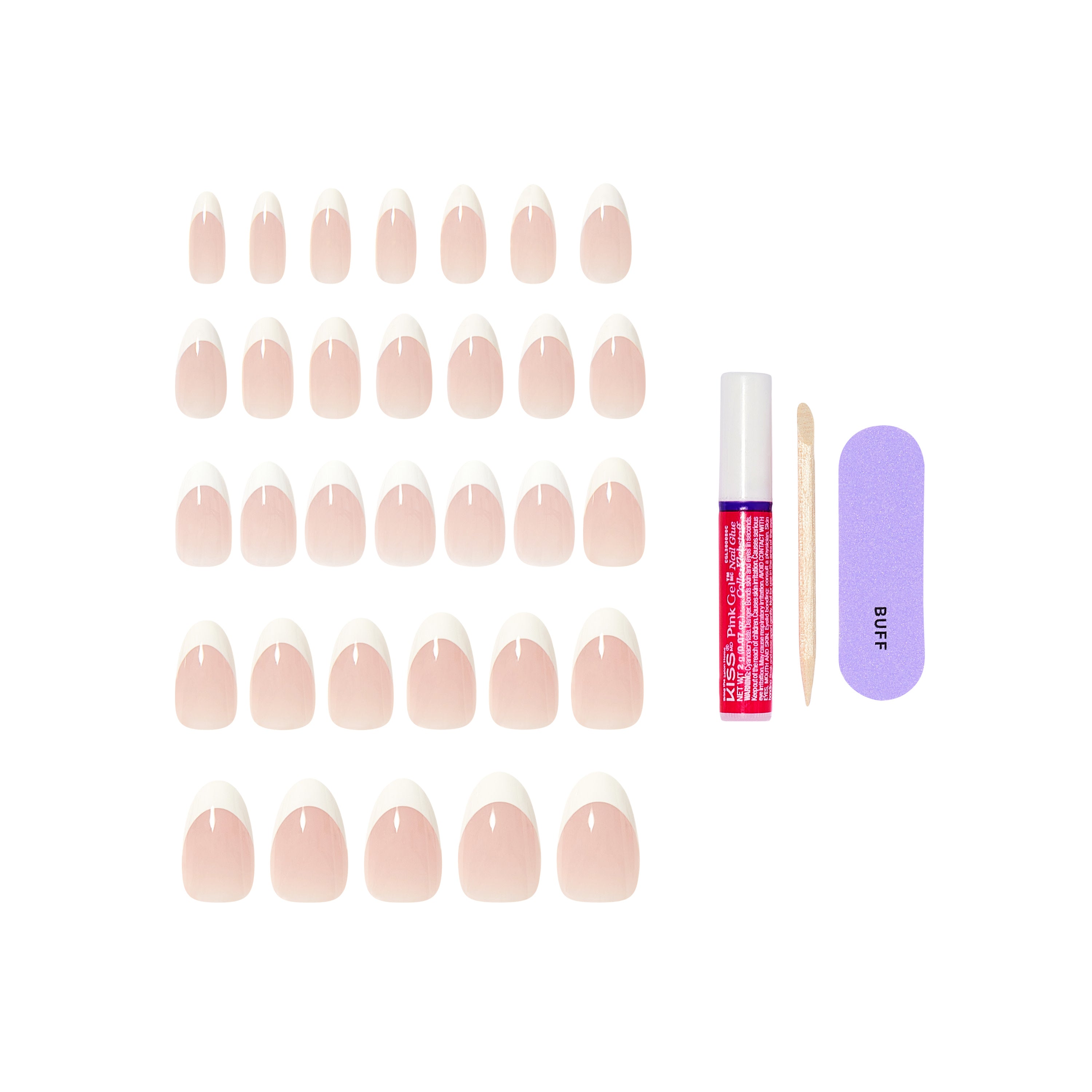 KISS CORE French Tip Press On Nails Almond, ‘Curiosity’, White, Medium Length, 32 Count