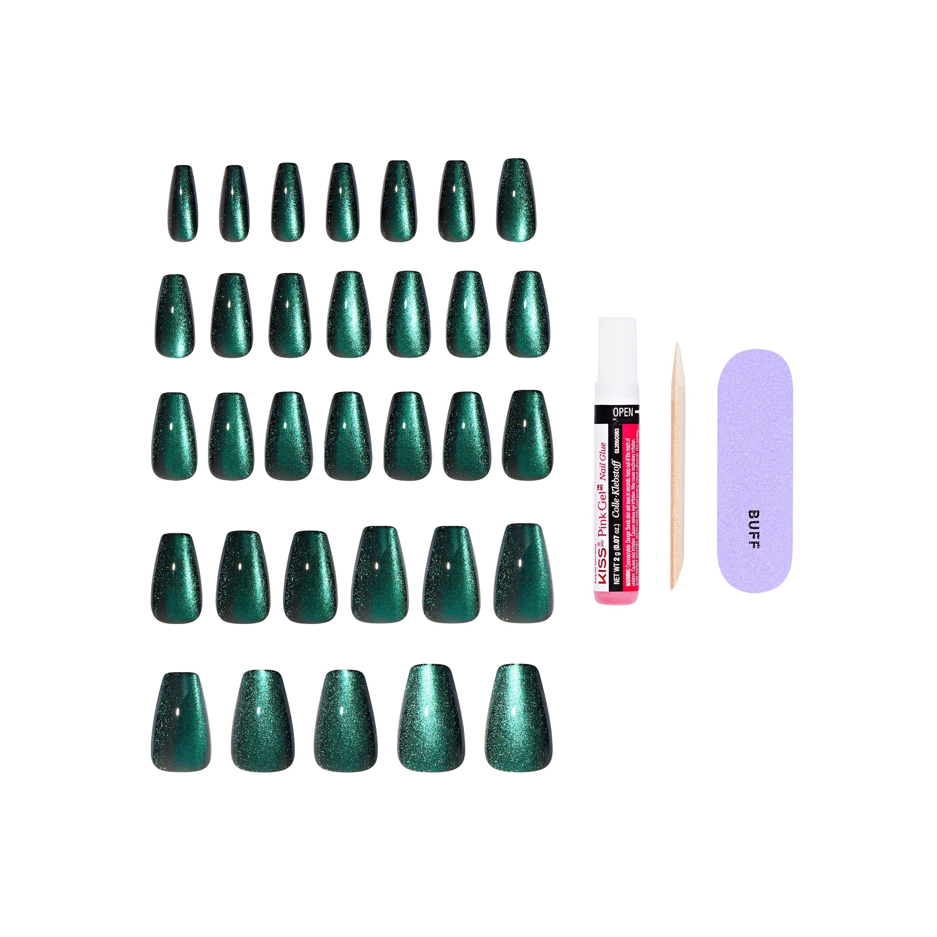 KISS CORE Magnetic Press On Nails, ‘Shimmering’, Green, Medium Coffin, 32 Count