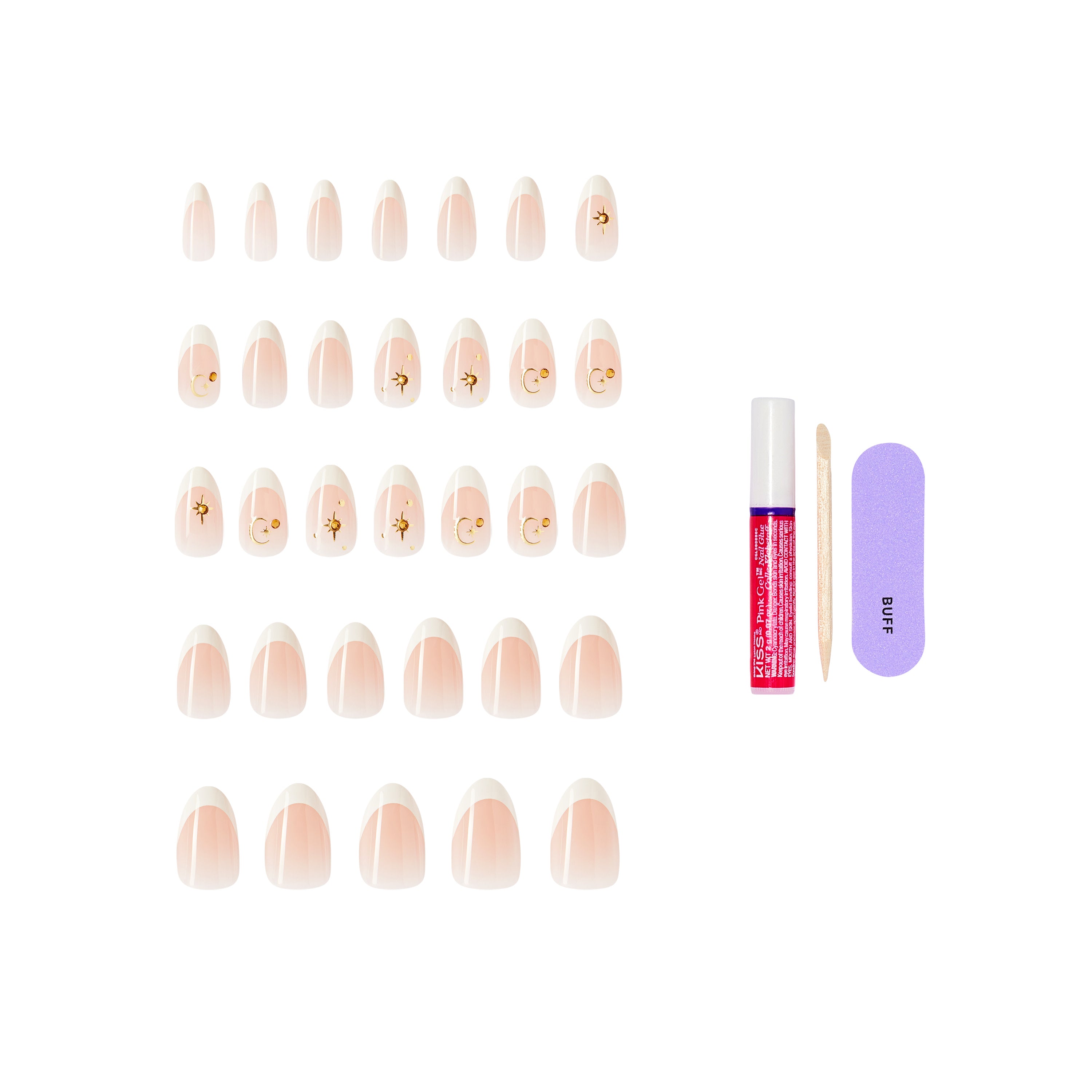 KISS GLAM 3D & Jeweled Press On Nails Almond, ‘Zephyr’, Neutral, Medium Length, 32 Count