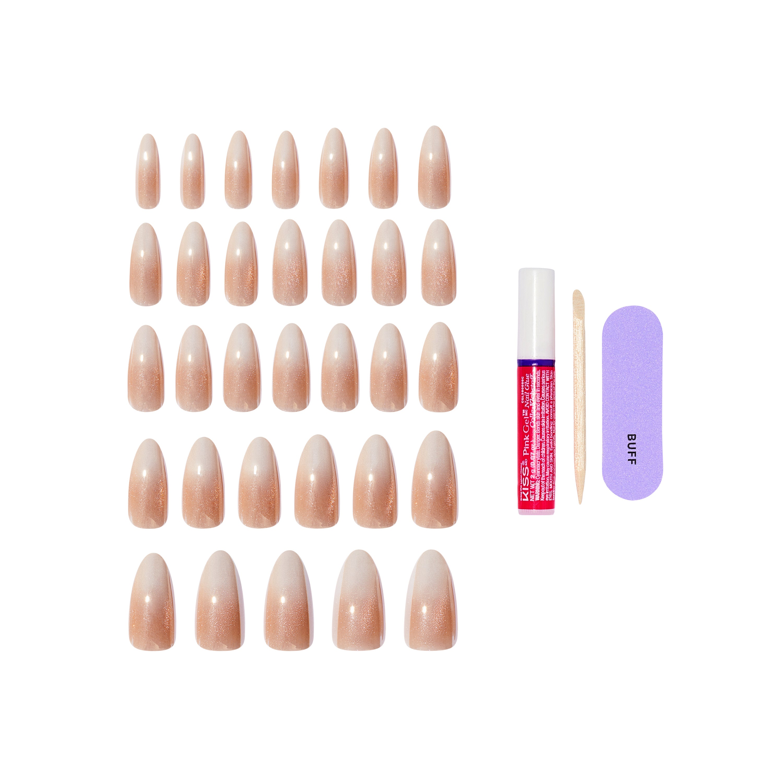 KISS GLAM Embellished Press On Nails Almond, ‘Day n Night’, Beige, Long Length, 32 Count