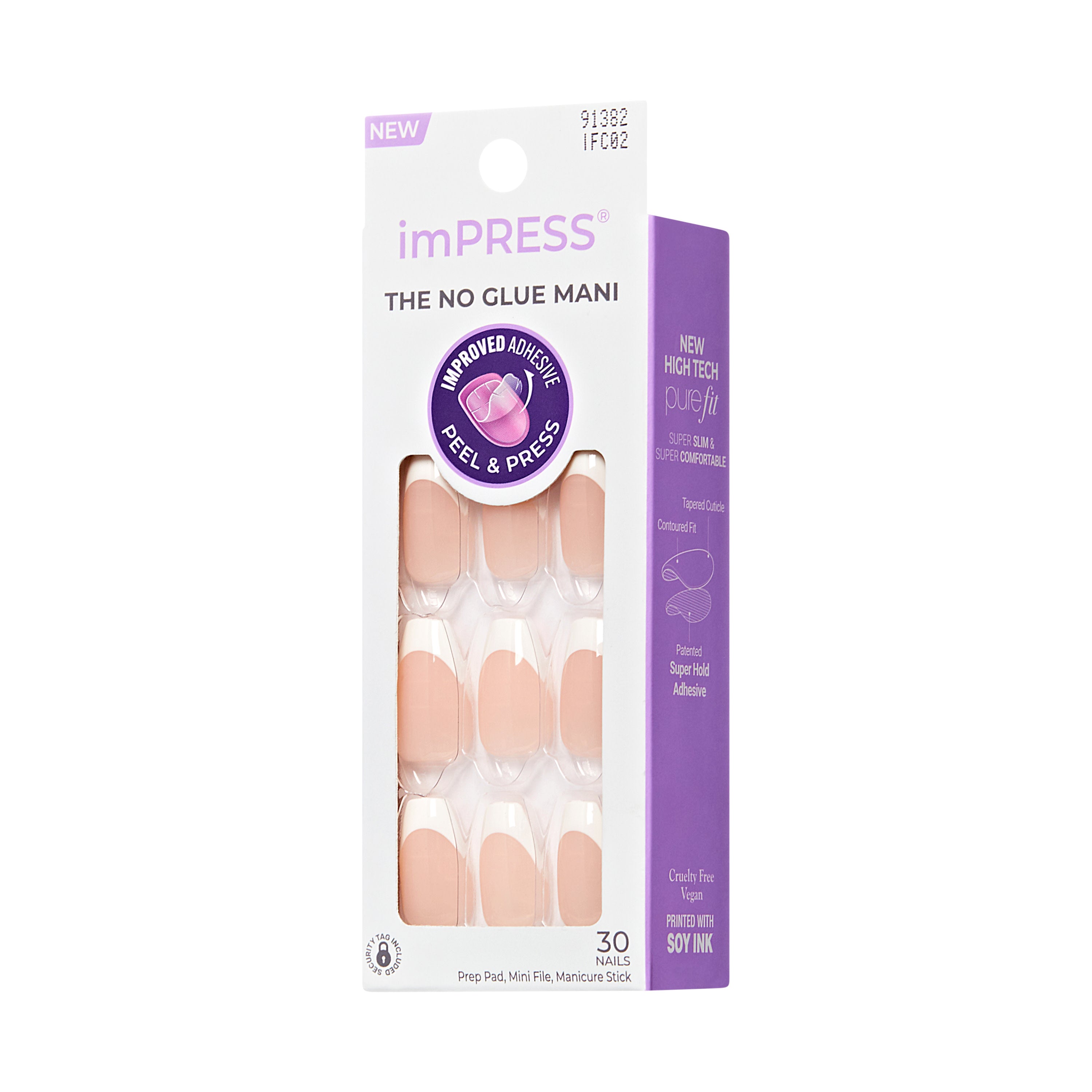 imPRESS Classic French Press On Nails, No Glue Needed, White Tips, Medium Coffin, 30 Ct.