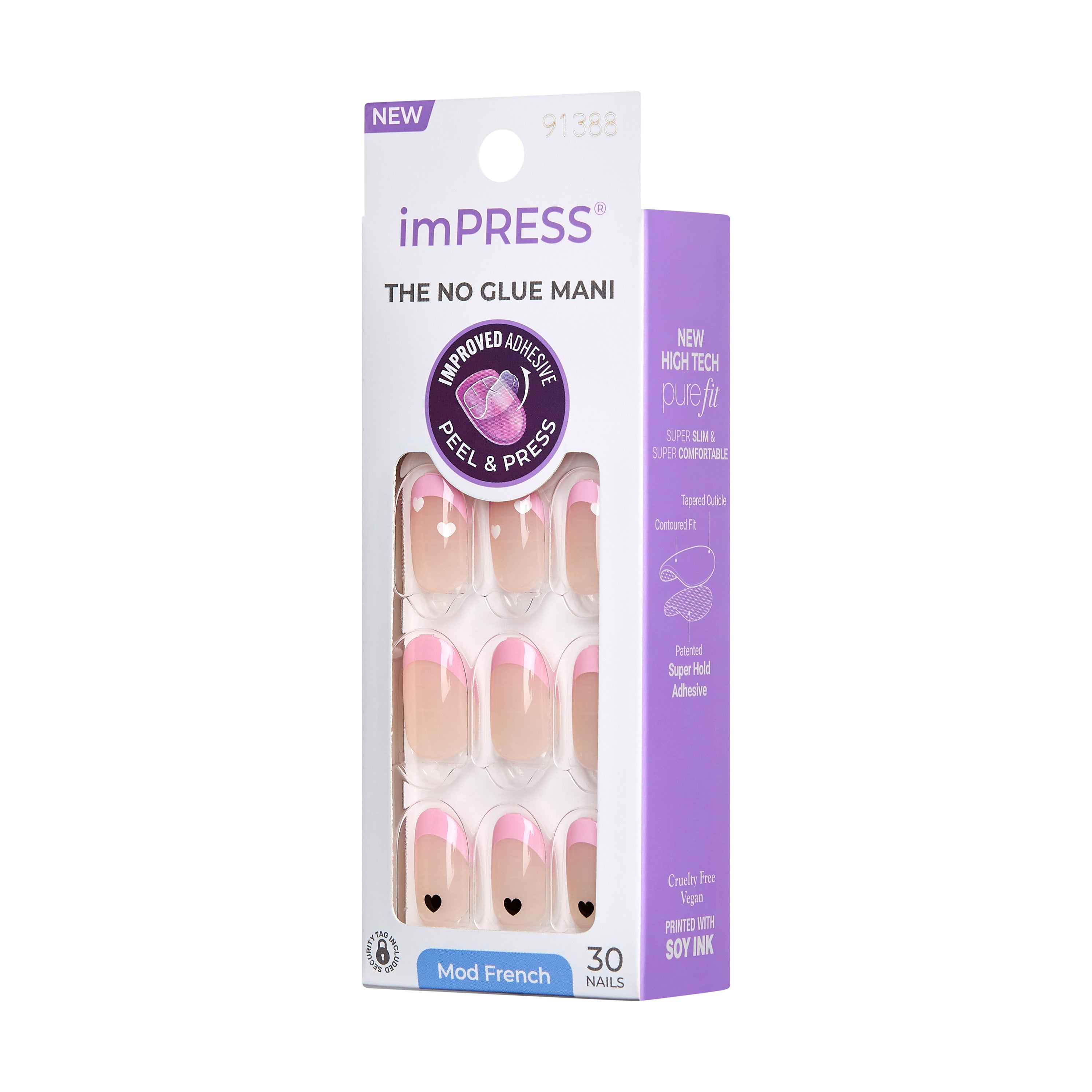 imPRESS Modern French Tip Press On Nails, No Glue Needed, Pink Tips, Short Oval, 30 Ct.