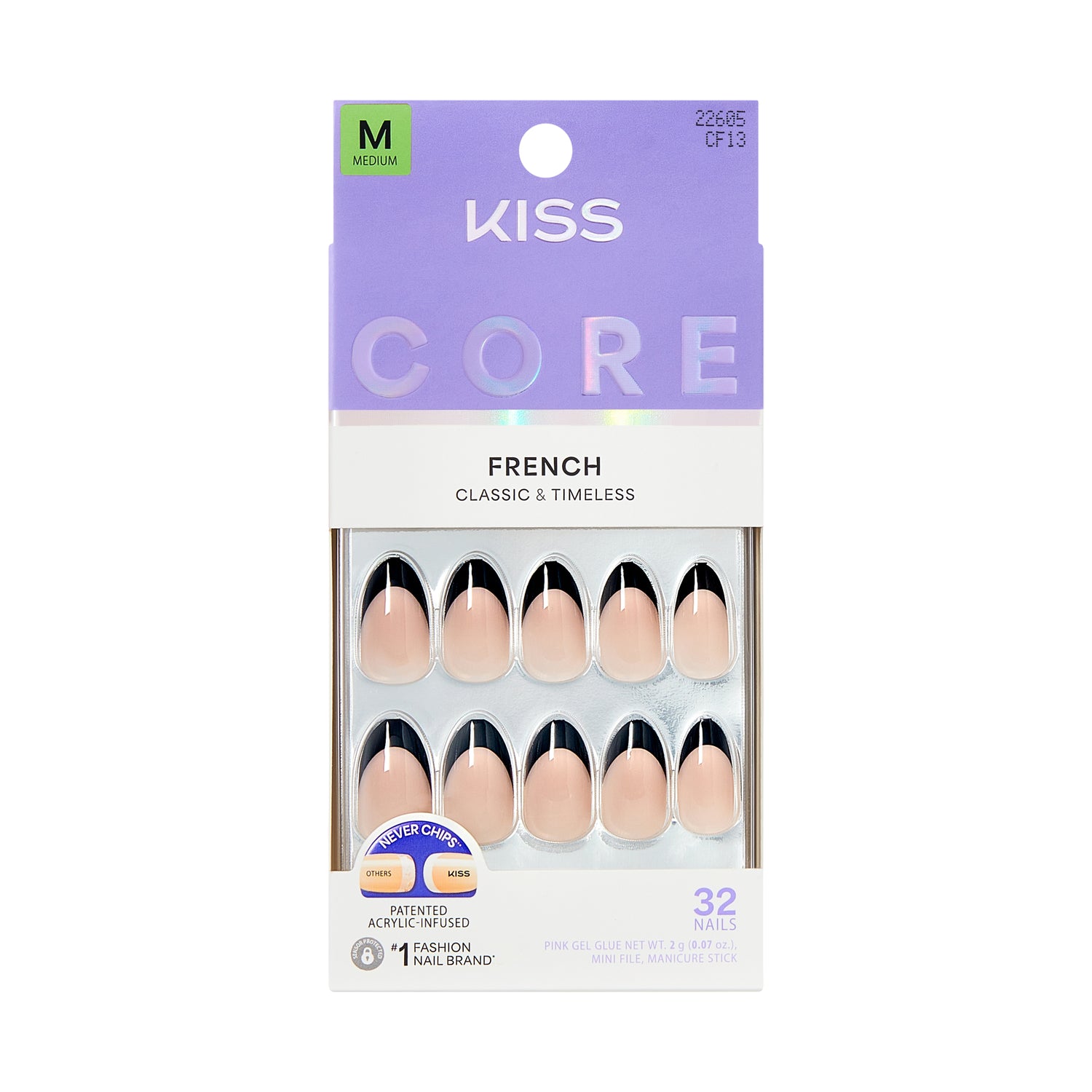 KISS CORE French Tip Press On Nails Almond, ‘Full of Fun’, Black, Medium, 32 Count