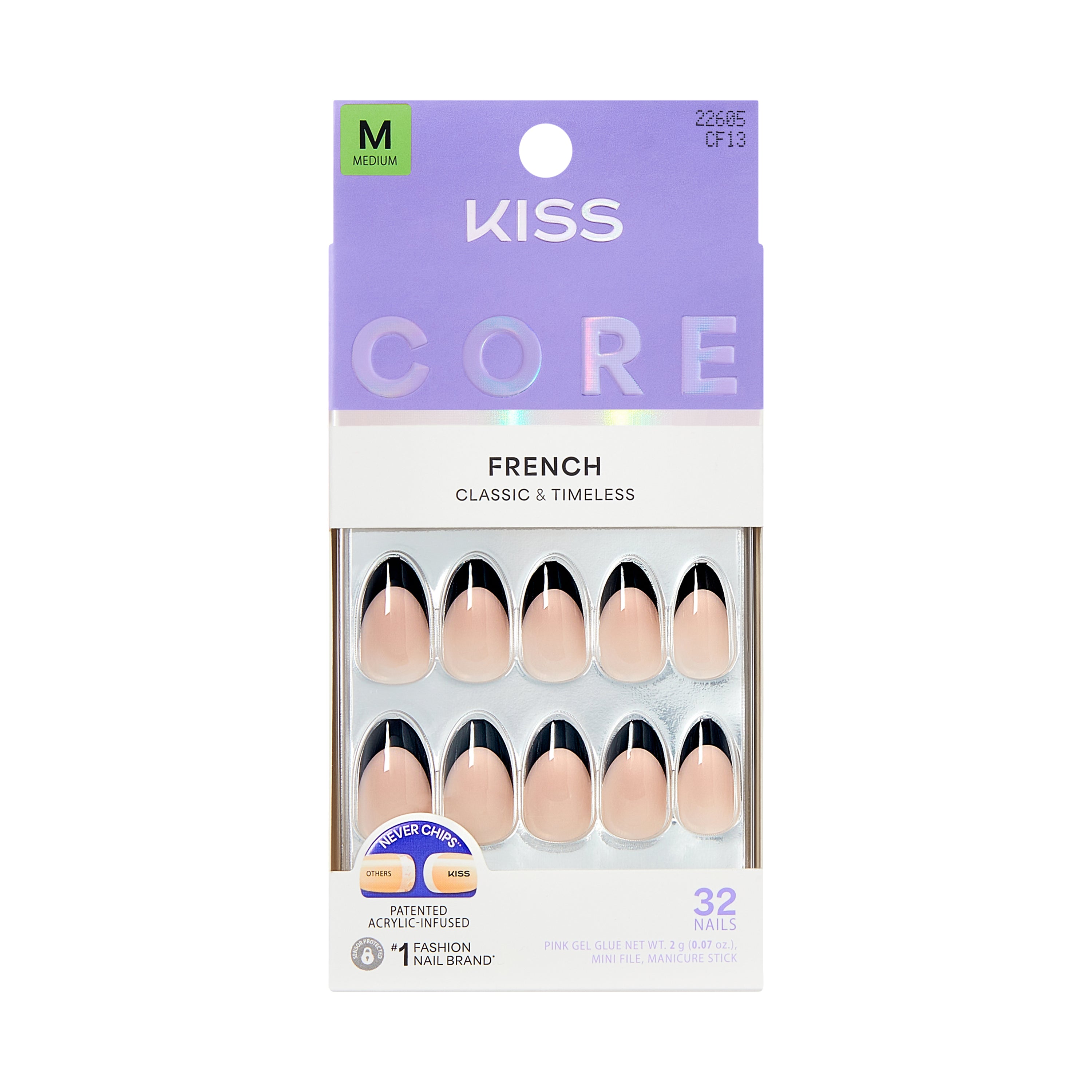 KISS CORE French Tip Press On Nails Almond, ‘Full of Fun’, Black, Medium, 32 Count