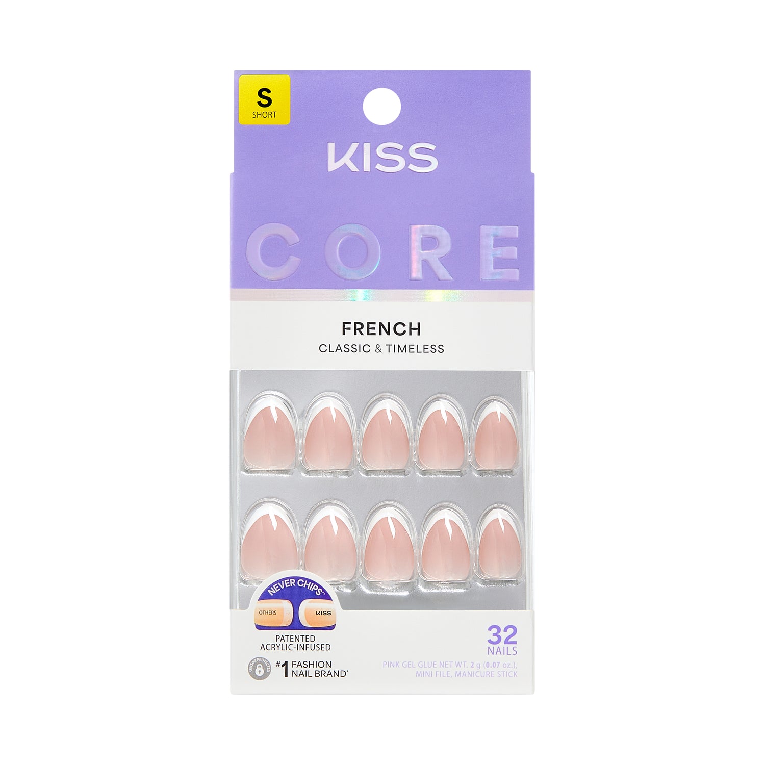 KISS CORE French Tip Press On Nails Almond, ‘Passionate’, White, Short Length, 32 Count