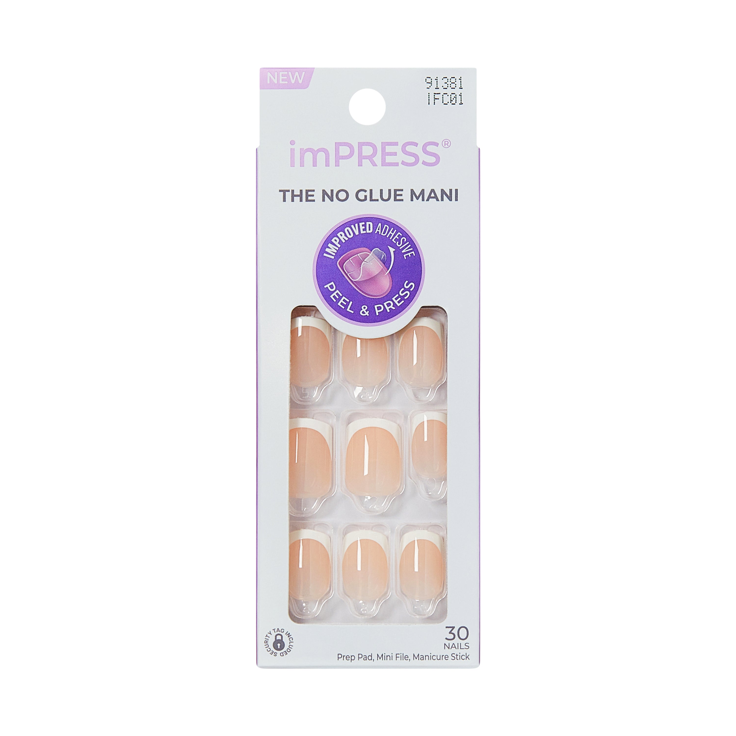 imPRESS Classic French Press On Nails, No Glue Needed, White Tips, Short Square, 30 Ct.
