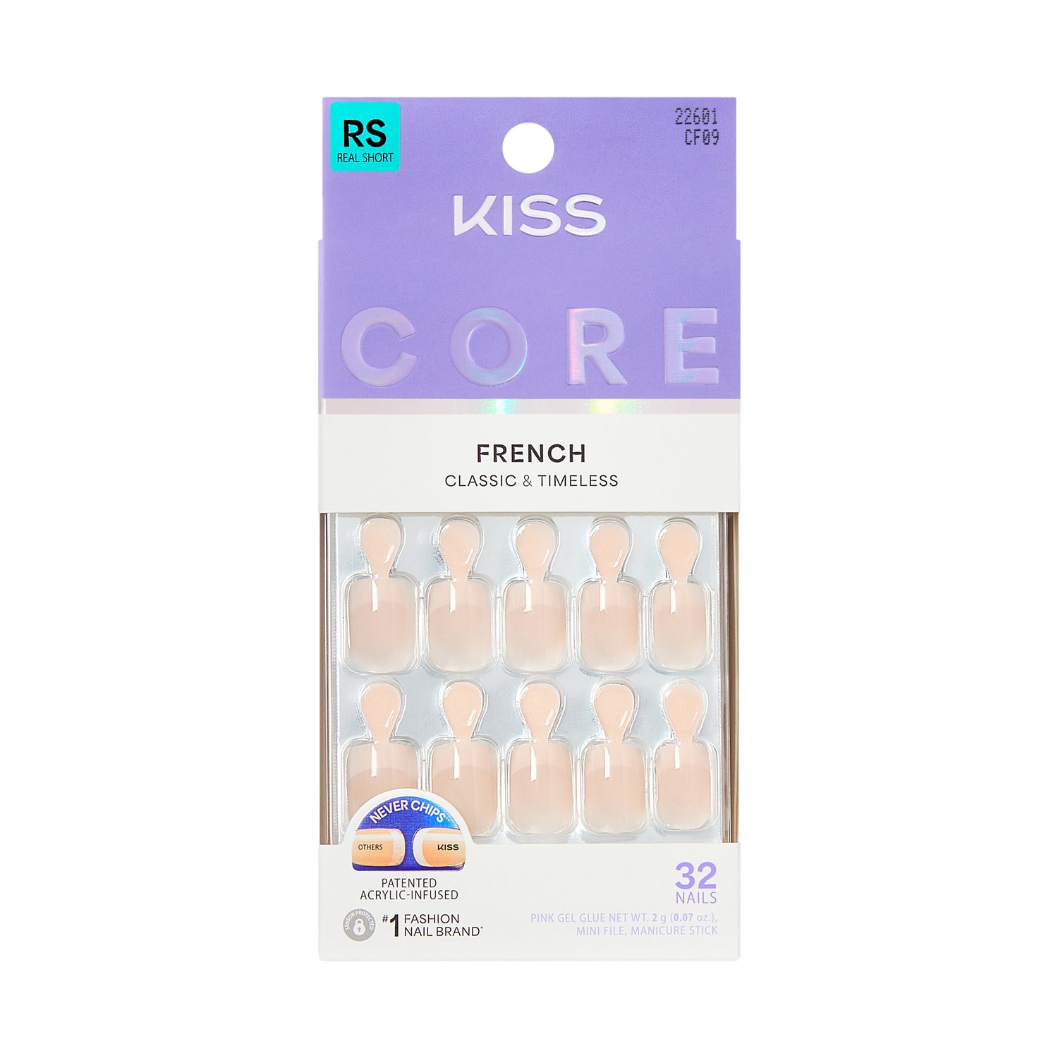 KISS CORE French Tip Press On Nails, ‘Your Moment’, White, Real Short Squoval, 32 Count