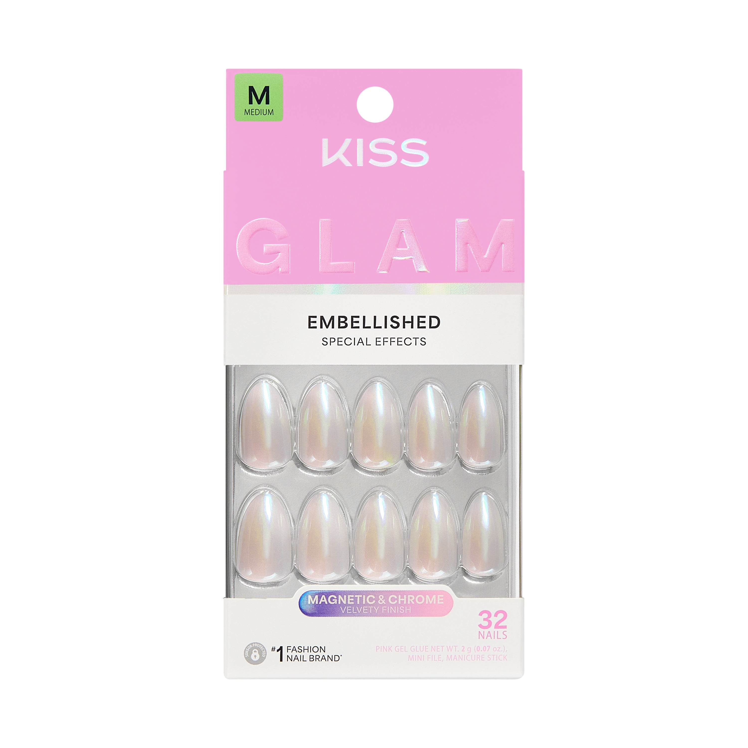 KISS GLAM Embellished Press On Nails Almond, ‘Dive’, Pink, Medium Length, 32 Count