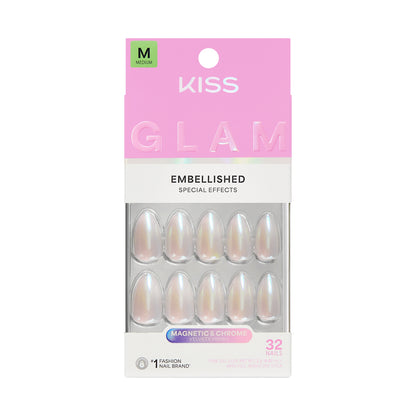 KISS GLAM Embellished Press On Nails Almond, ‘Dive’, Pink, Medium Length, 32 Count