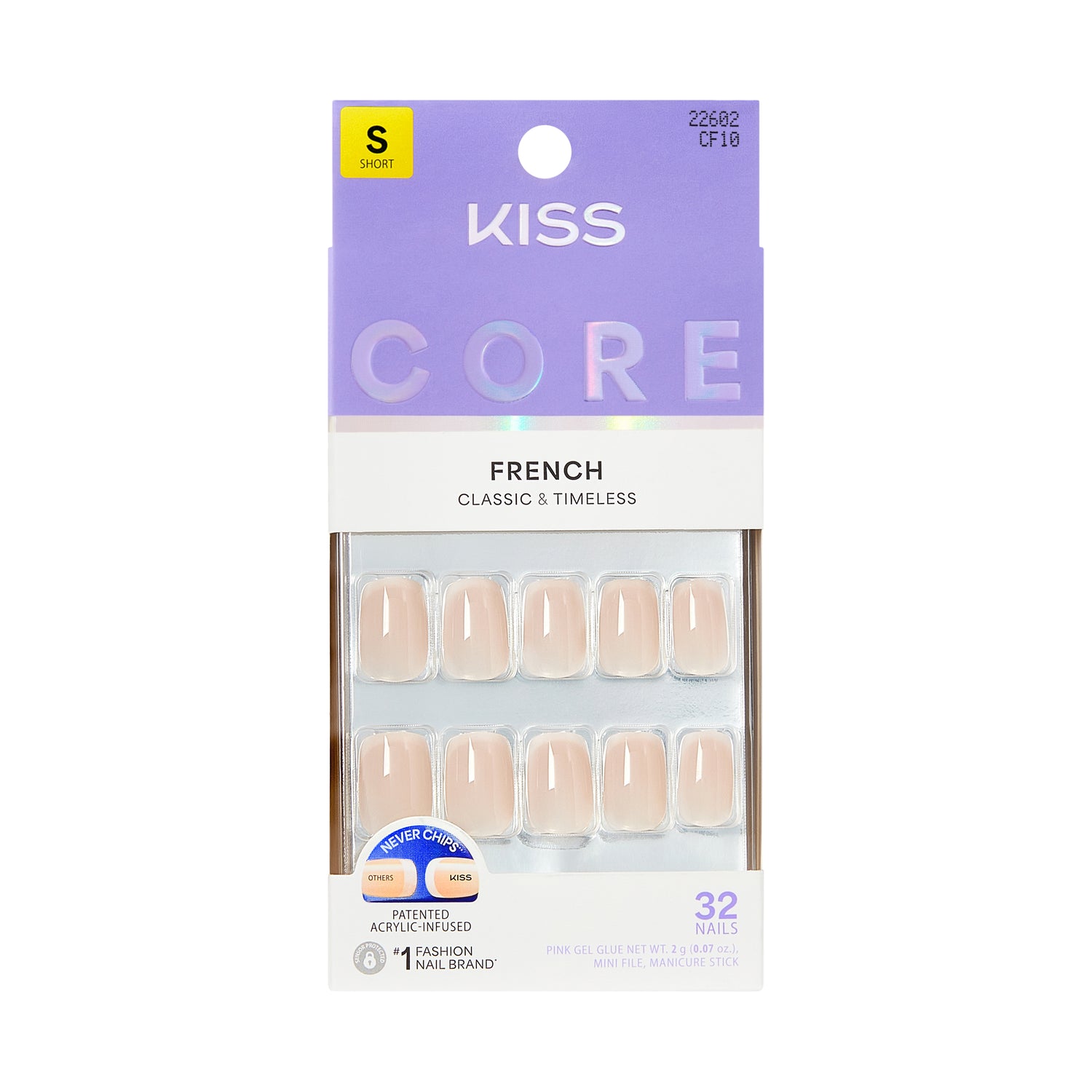 KISS CORE French Tip Press On Nails, ‘My Darling’, White, Short Squoval, 32 Count