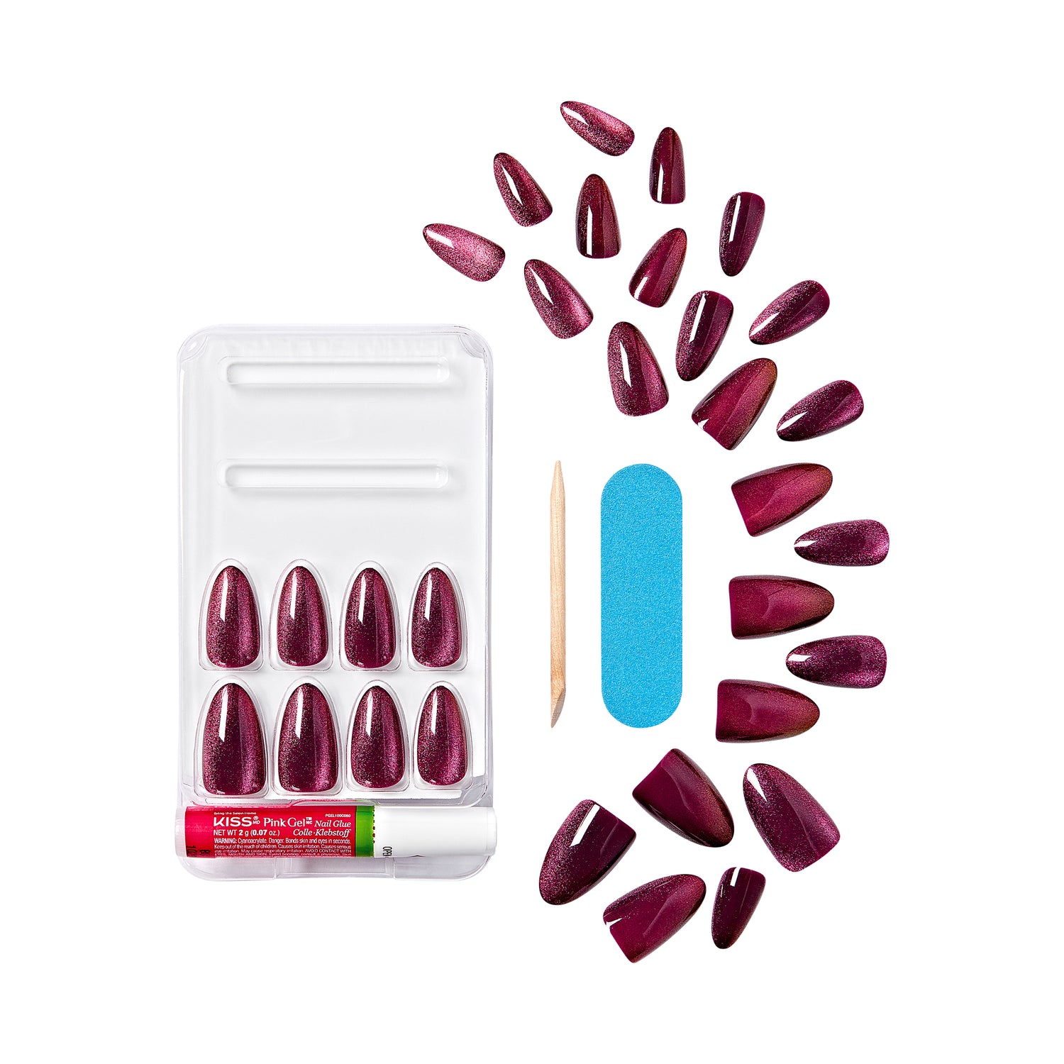 KISS Gel Fantasy Magnetic Press On Nails, Wine Color, Medium Almond, 28 Count