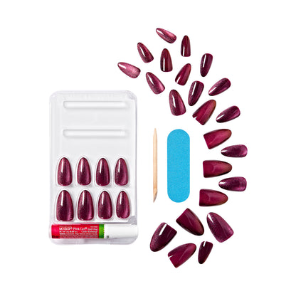 KISS Gel Fantasy Magnetic Press On Nails, Wine Color, Medium Almond, 28 Count