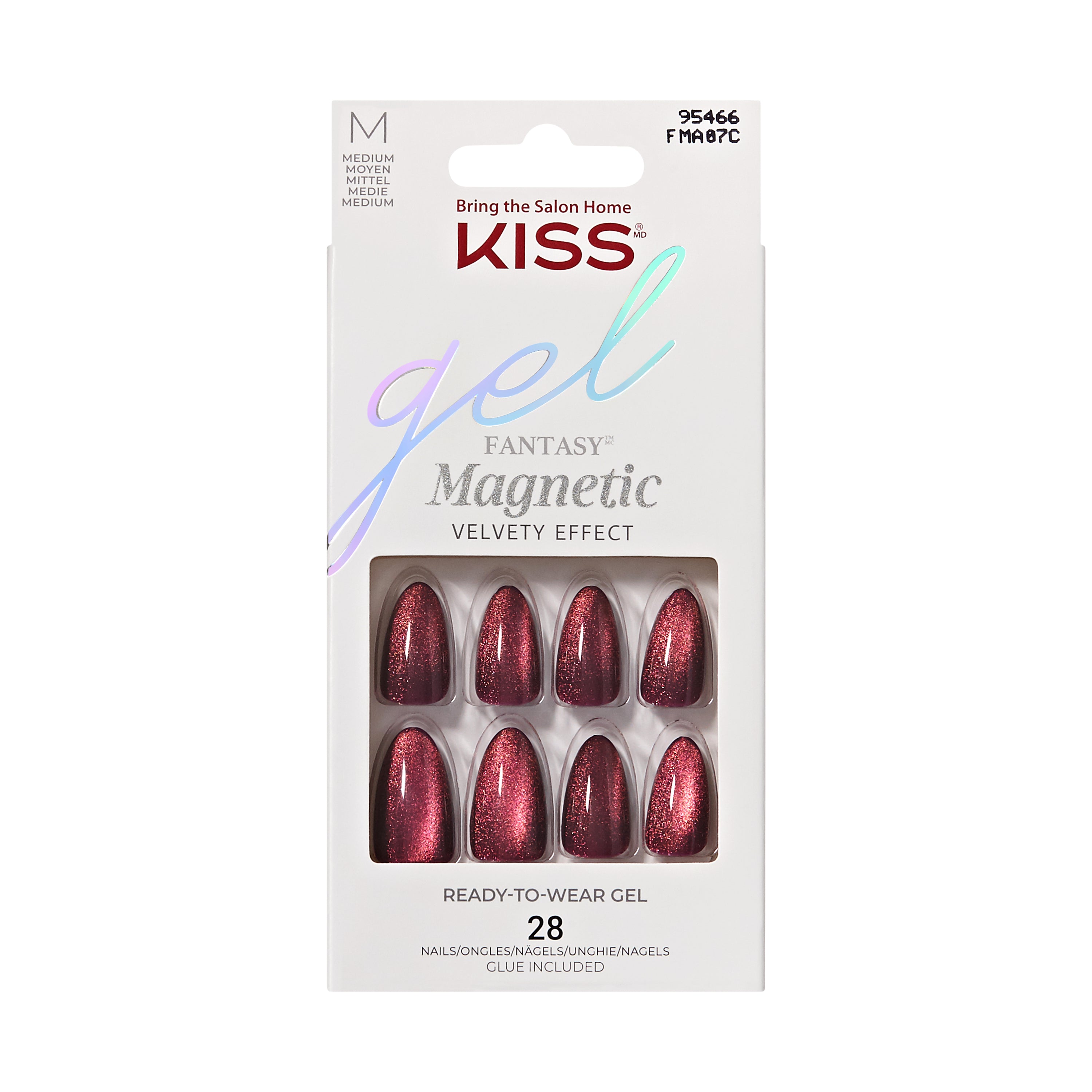 KISS Gel Fantasy Magnetic Press On Nails, Wine Color, Medium Almond, 28 Count
