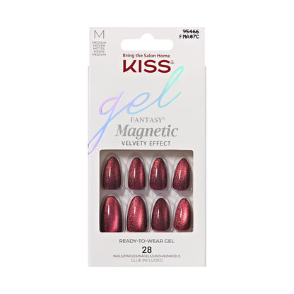 KISS Gel Fantasy Magnetic Press On Nails, Wine Color, Medium Almond, 28 Count
