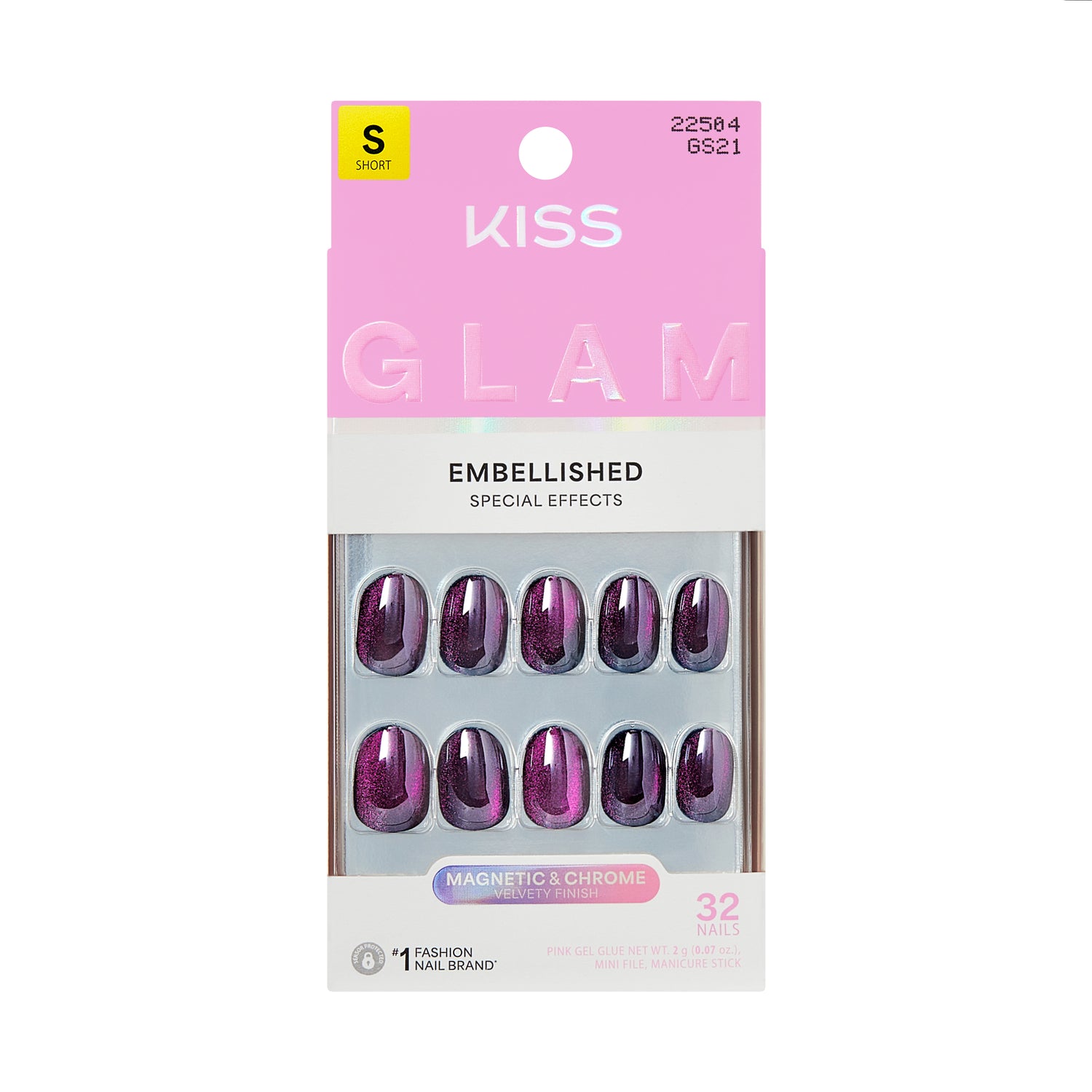 KISS GLAM Embellished Press On Nails, ‘Simple Joys’, Purple, Short Round, 32 Count