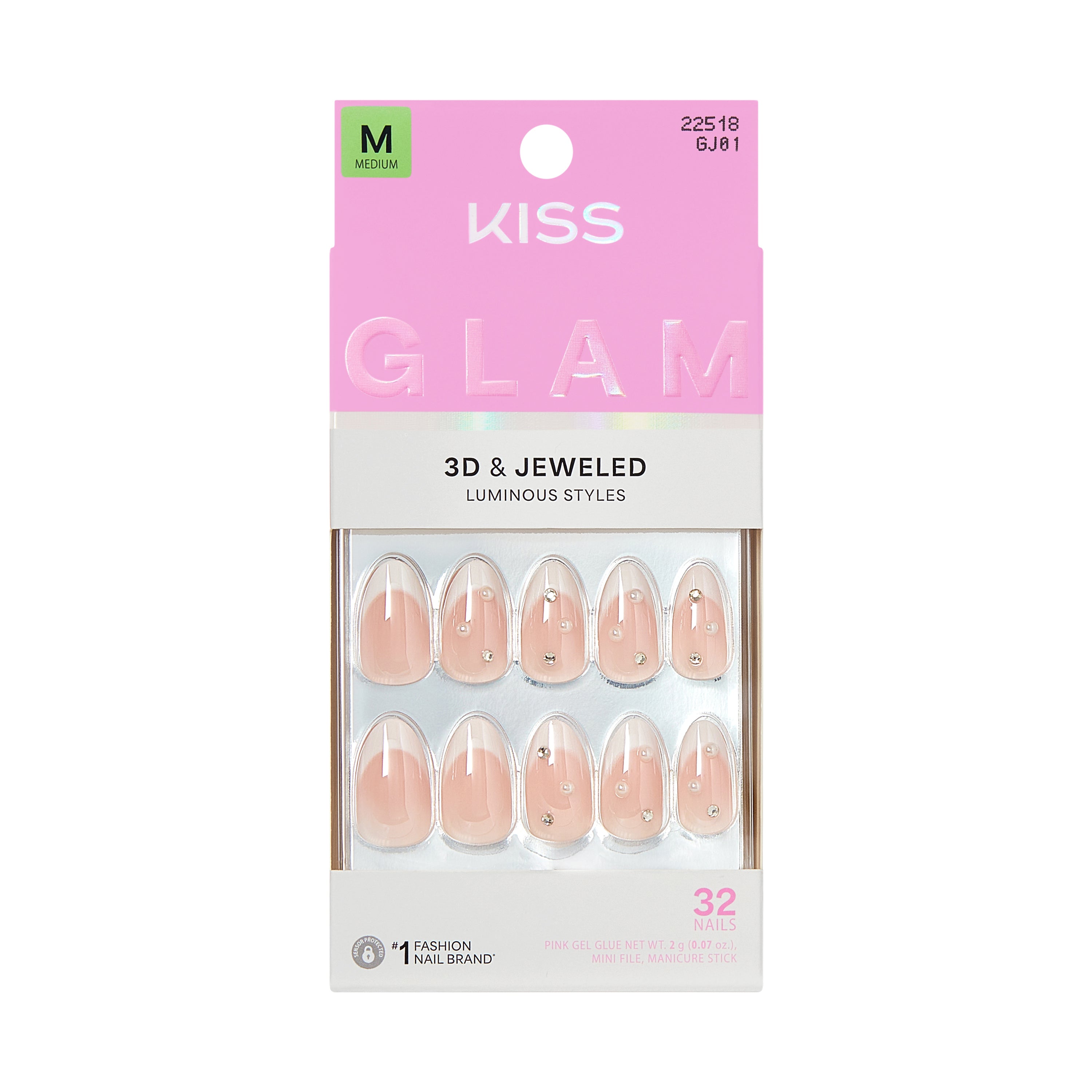 KISS GLAM 3D &amp; Jeweled Press On Nails Almond, ‘Serendipity Awaits’, Neutral, Medium, 32 Count