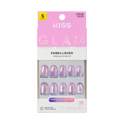 KISS GLAM Embellished Press On Nails, ‘One n Only’, Pink, Short Round, 32 Count