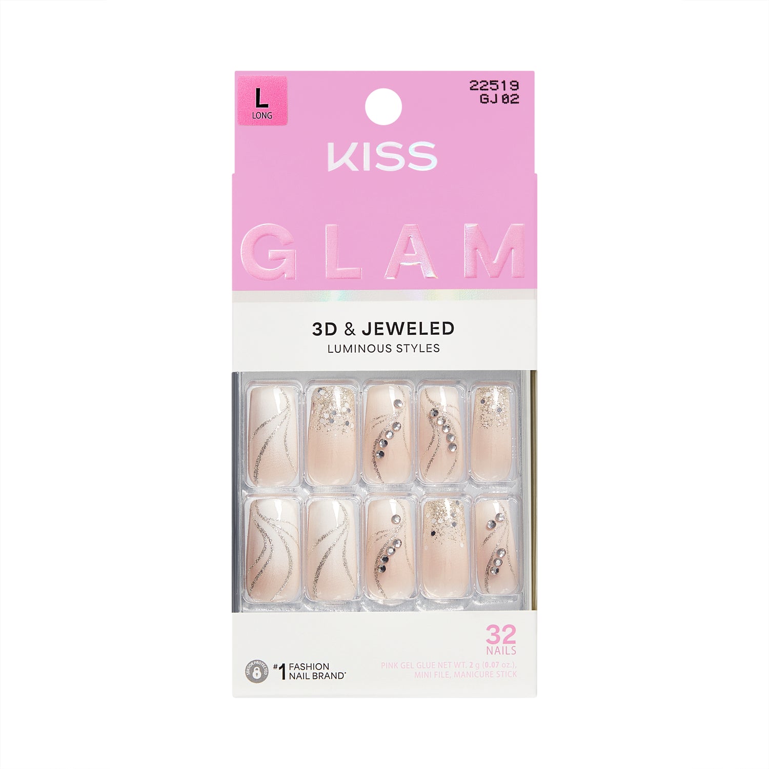 KISS GLAM 3D &amp; Jeweled Press On Nails , ‘Wrapped in Beauty’, Neutral, Long Square, 32 Count