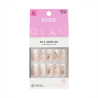 KISS GLAM 3D &amp; Jeweled Press On Nails , ‘Wrapped in Beauty’, Neutral, Long Square, 32 Count