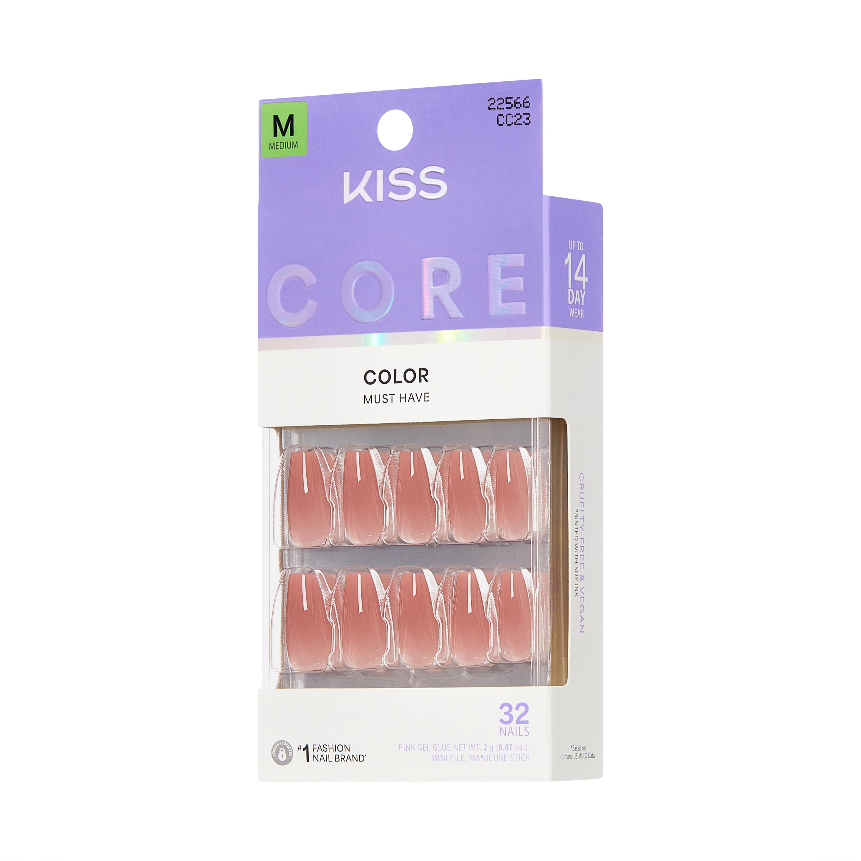 KISS CORE Color Press On Nails, ‘Jubilation’, Pink, Medium Coffin, 32 Count