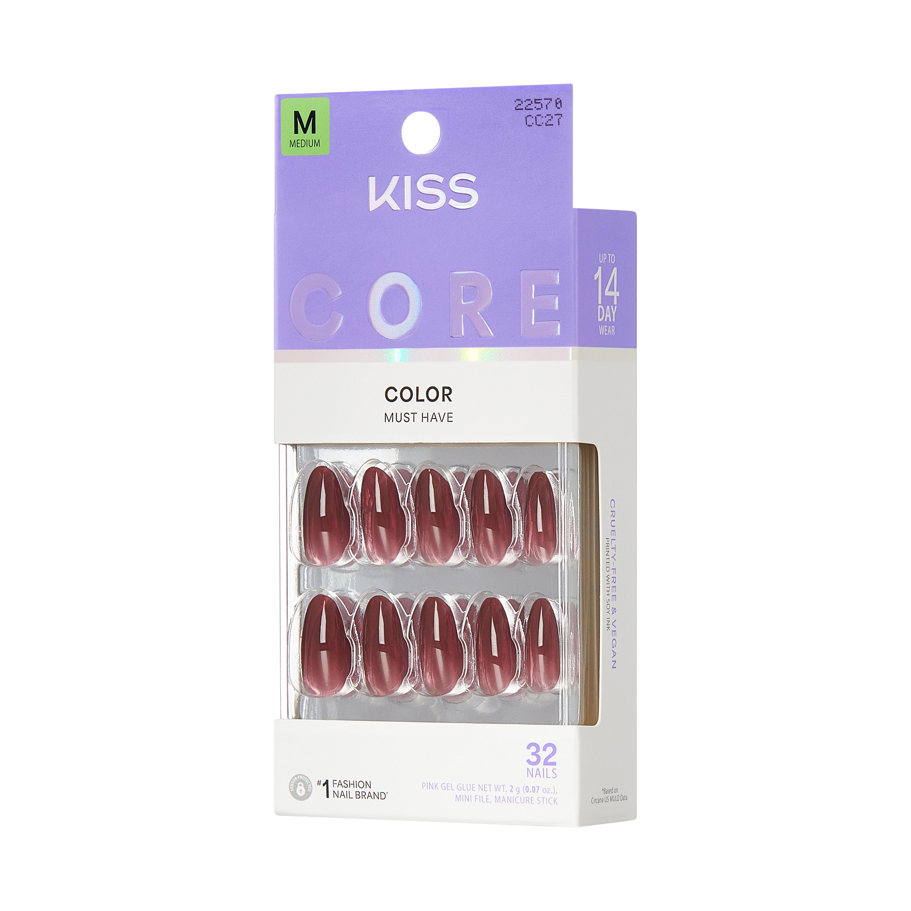 KISS CORE Color Press On Nails Almond, ‘Pinot Noir’, Burgandy, Medium, 32 Count