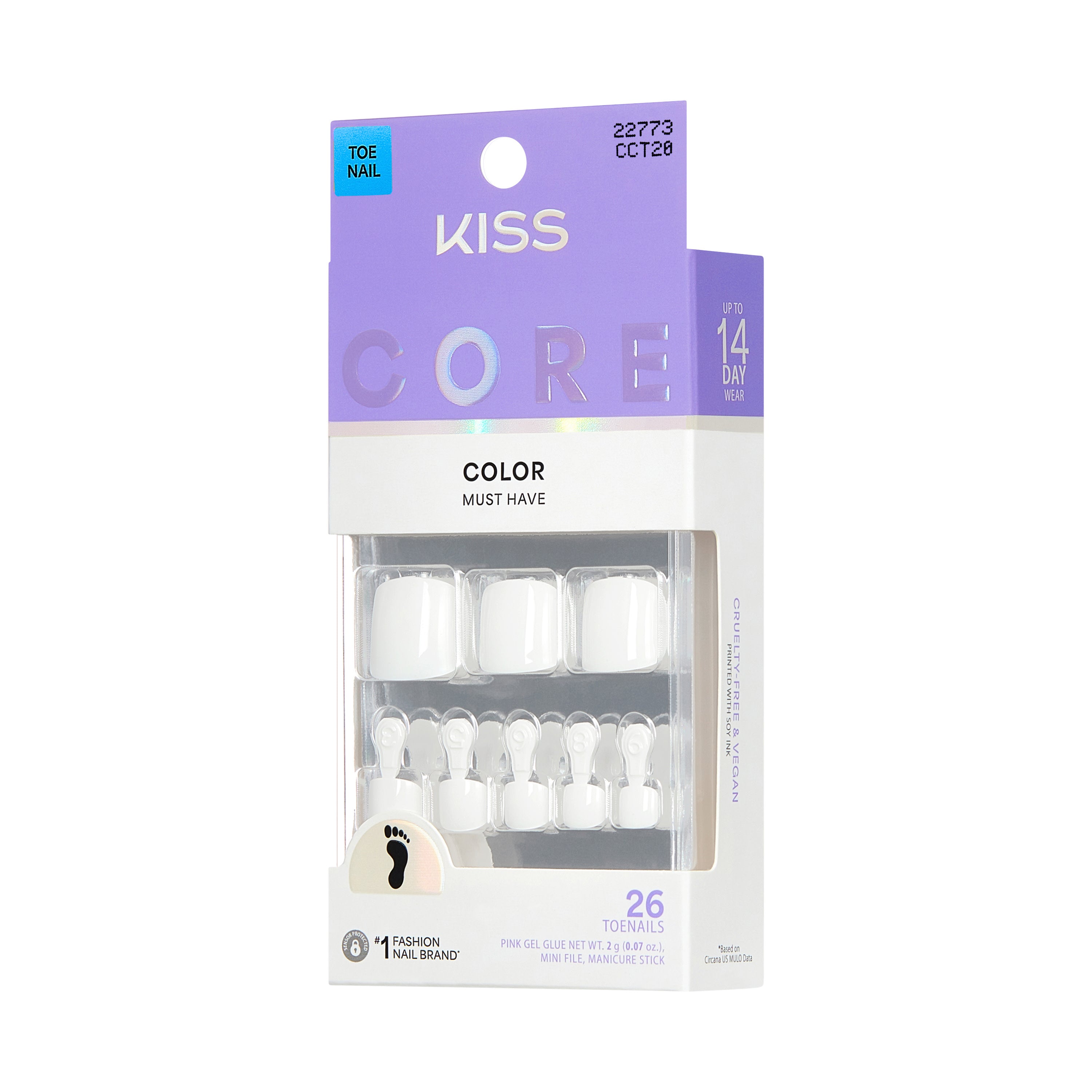 KISS CORE Color Press On Toenails, ‘Toe-tally Yours’, White, 26 Count