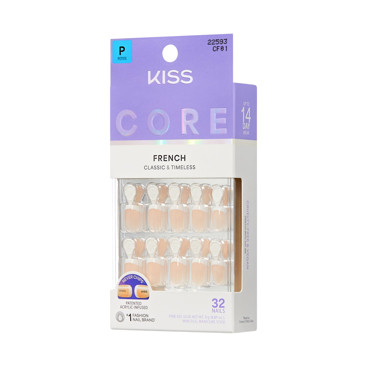 KISS CORE French Tip Press On Nails, ‘Perfection’, White, Petite Squoval, 32 Count