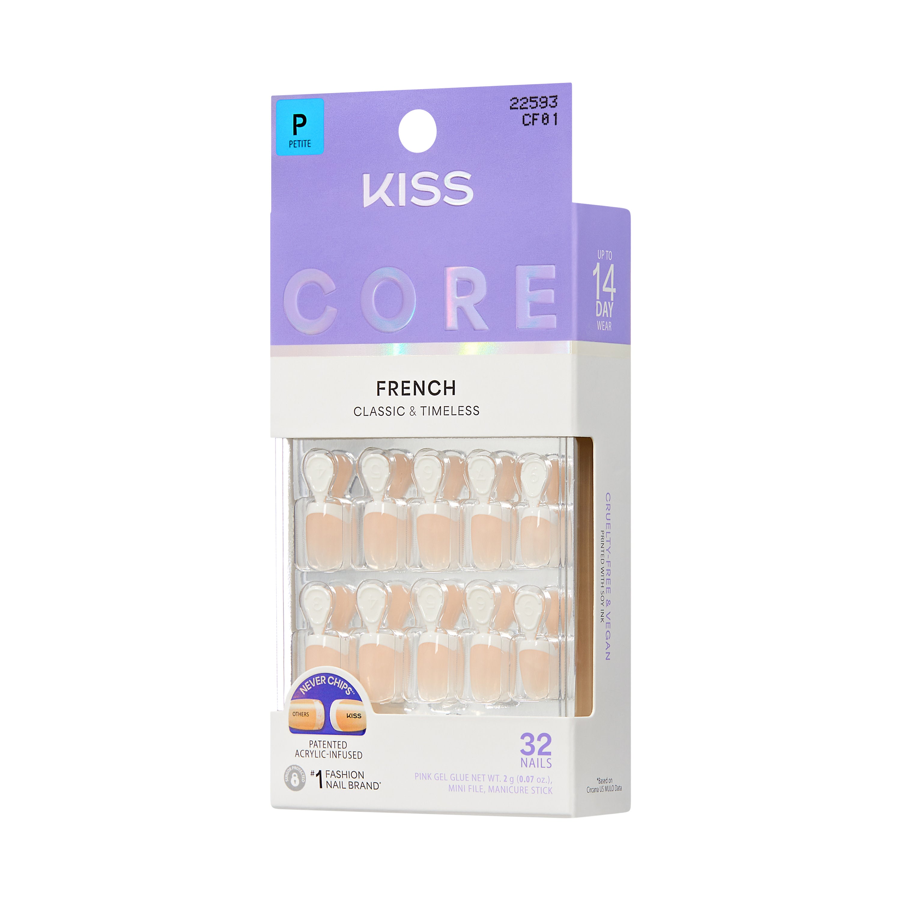 KISS CORE French Tip Press On Nails, ‘Perfection’, White, Petite Squoval, 32 Count
