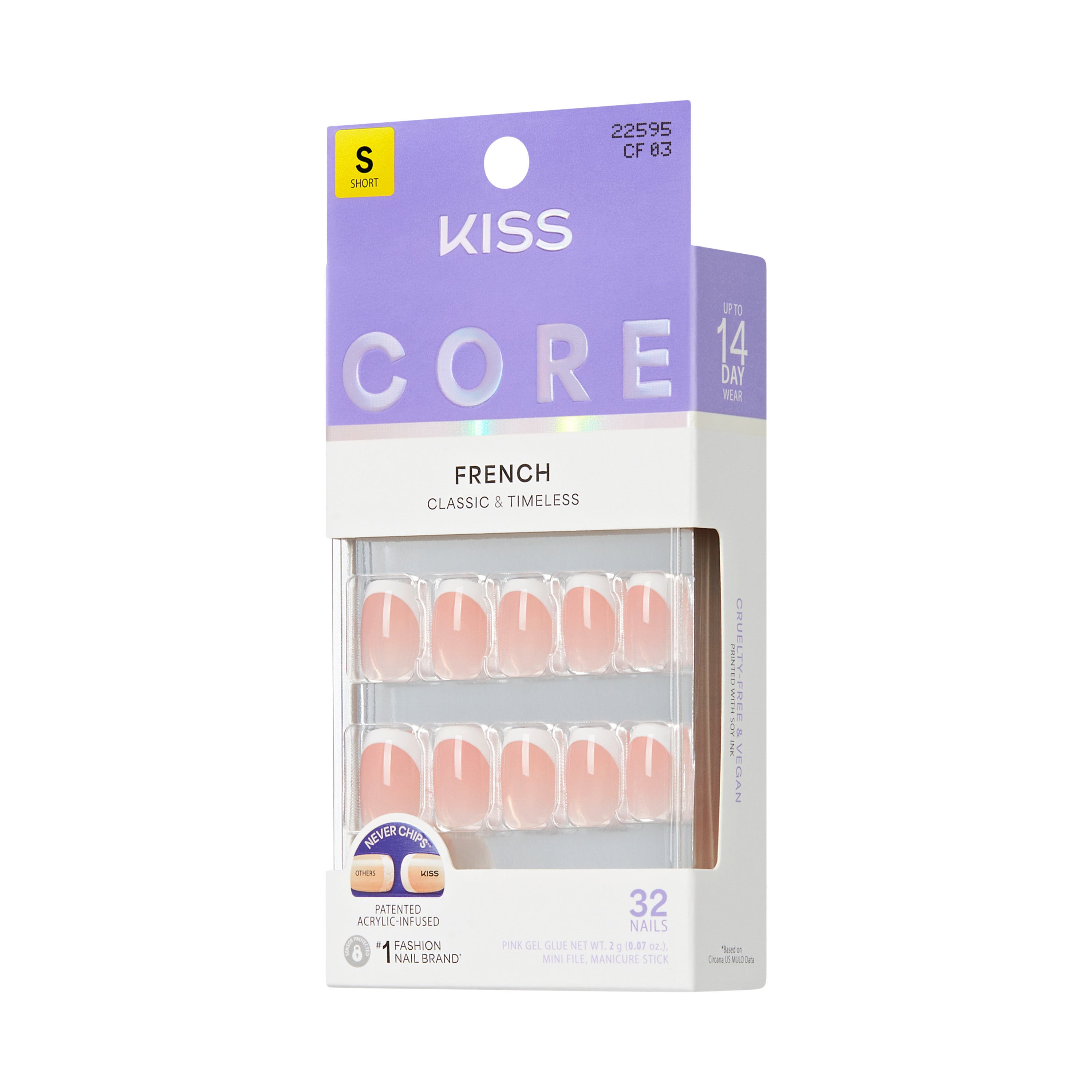 KISS CORE French Tip Press On Nails, ‘Snapshot’, White, Short Squoval, 32 Count