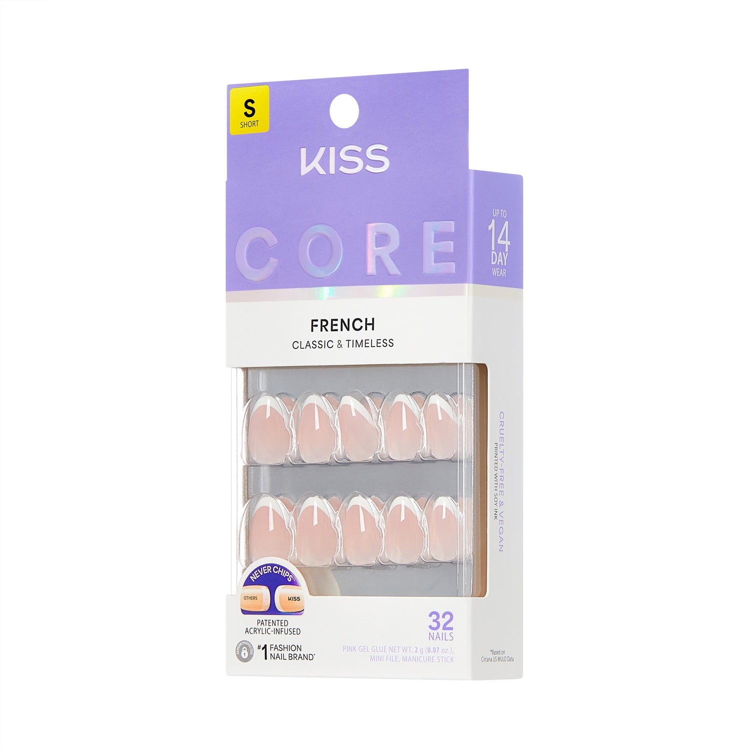 KISS CORE French Tip Press On Nails Almond, ‘Passionate’, White, Short Length, 32 Count