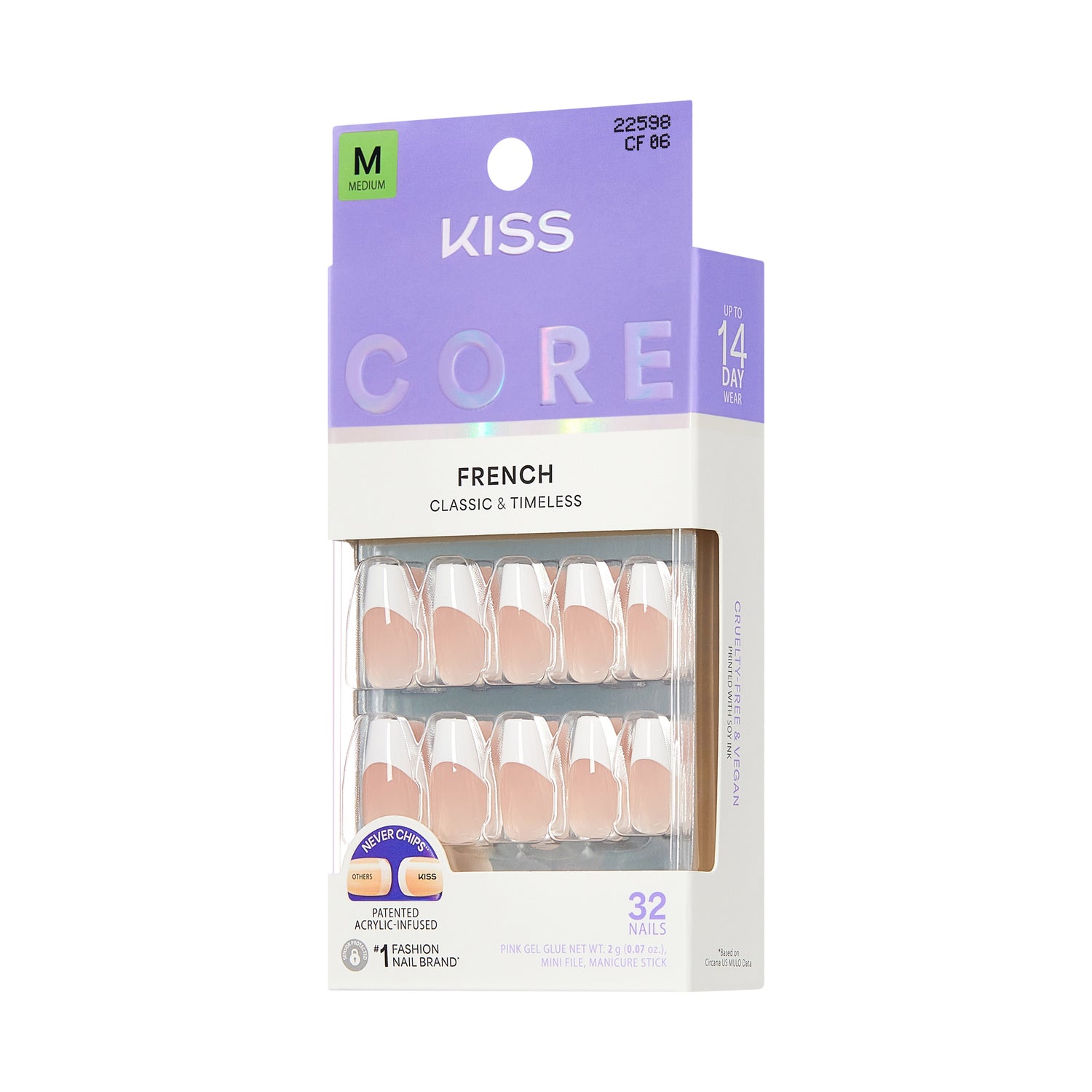 KISS CORE French Tip Press On Nails, ‘Reunion’, White, Medium Coffin, 32 Count