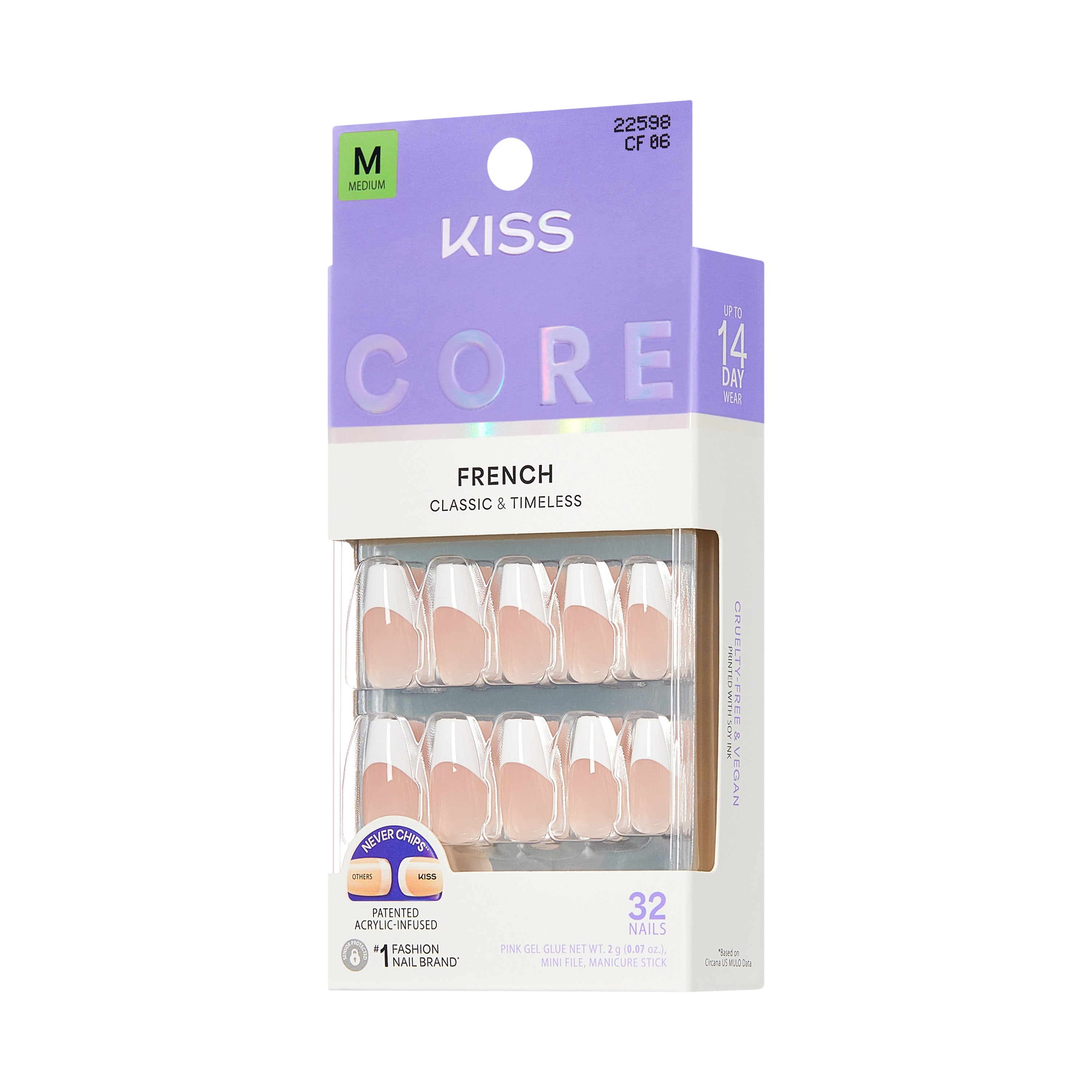 KISS CORE French Tip Press On Nails, ‘Reunion’, White, Medium Coffin, 32 Count