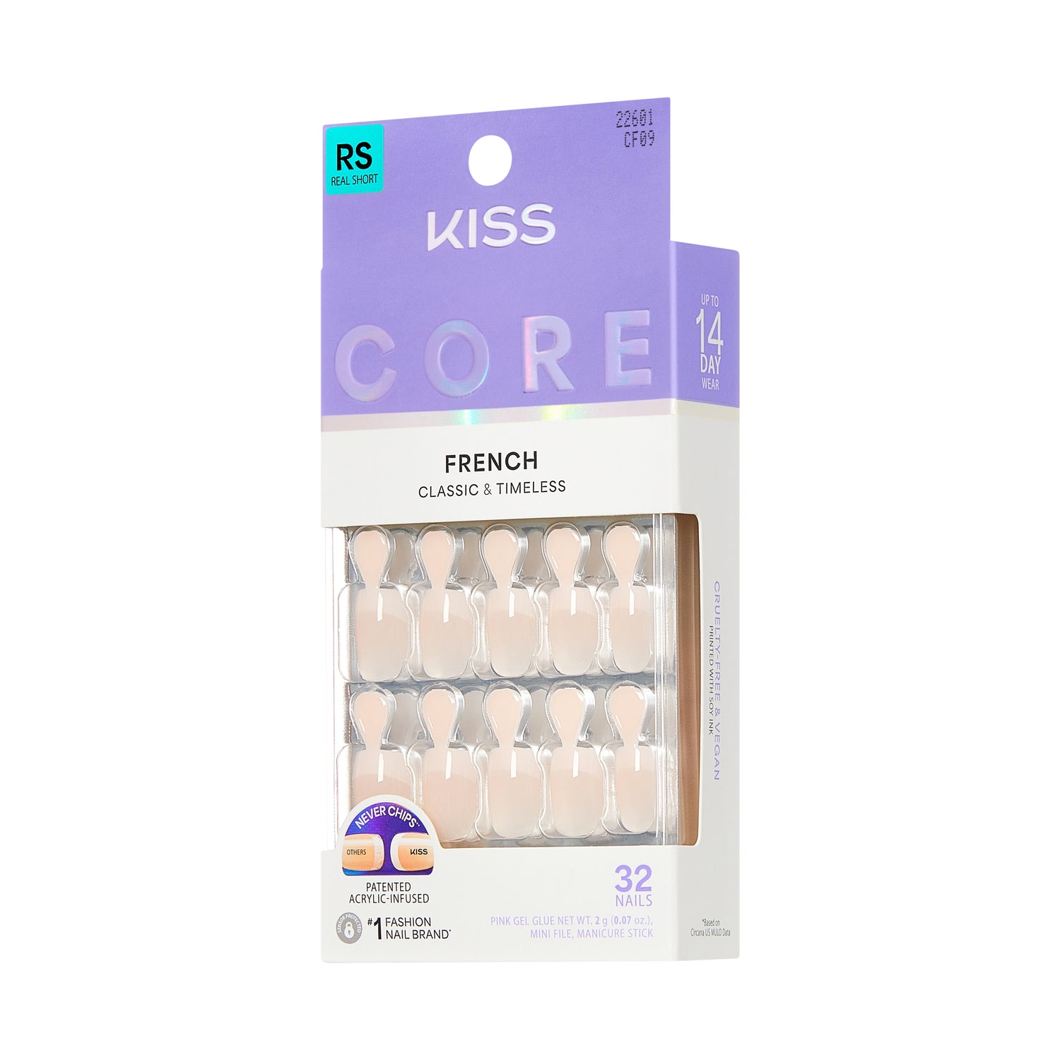KISS CORE French Tip Press On Nails, ‘Your Moment’, White, Real Short Squoval, 32 Count