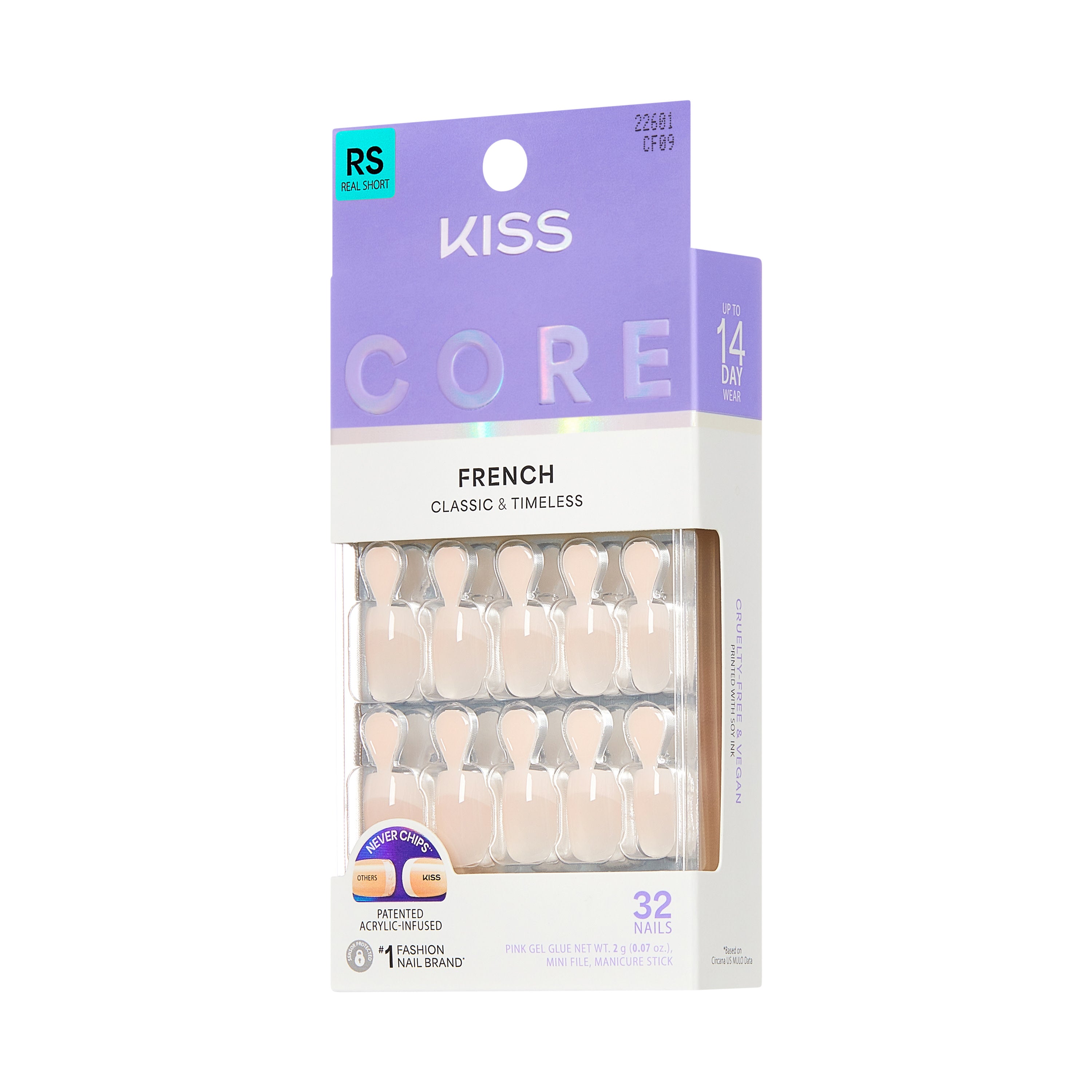 KISS CORE French Tip Press On Nails, ‘Your Moment’, White, Real Short Squoval, 32 Count