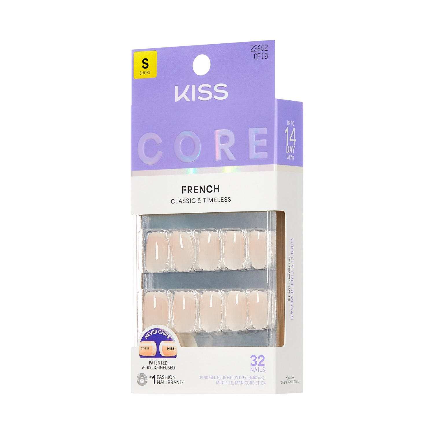 KISS CORE French Tip Press On Nails, ‘My Darling’, White, Short Squoval, 32 Count