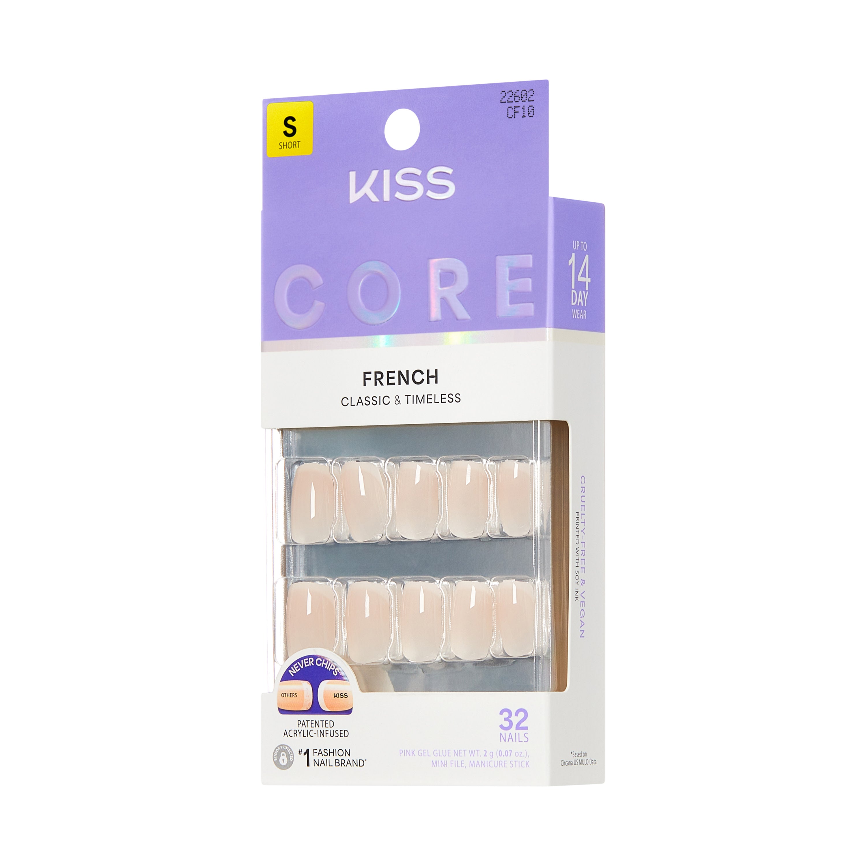 KISS CORE French Tip Press On Nails, ‘My Darling’, White, Short Squoval, 32 Count