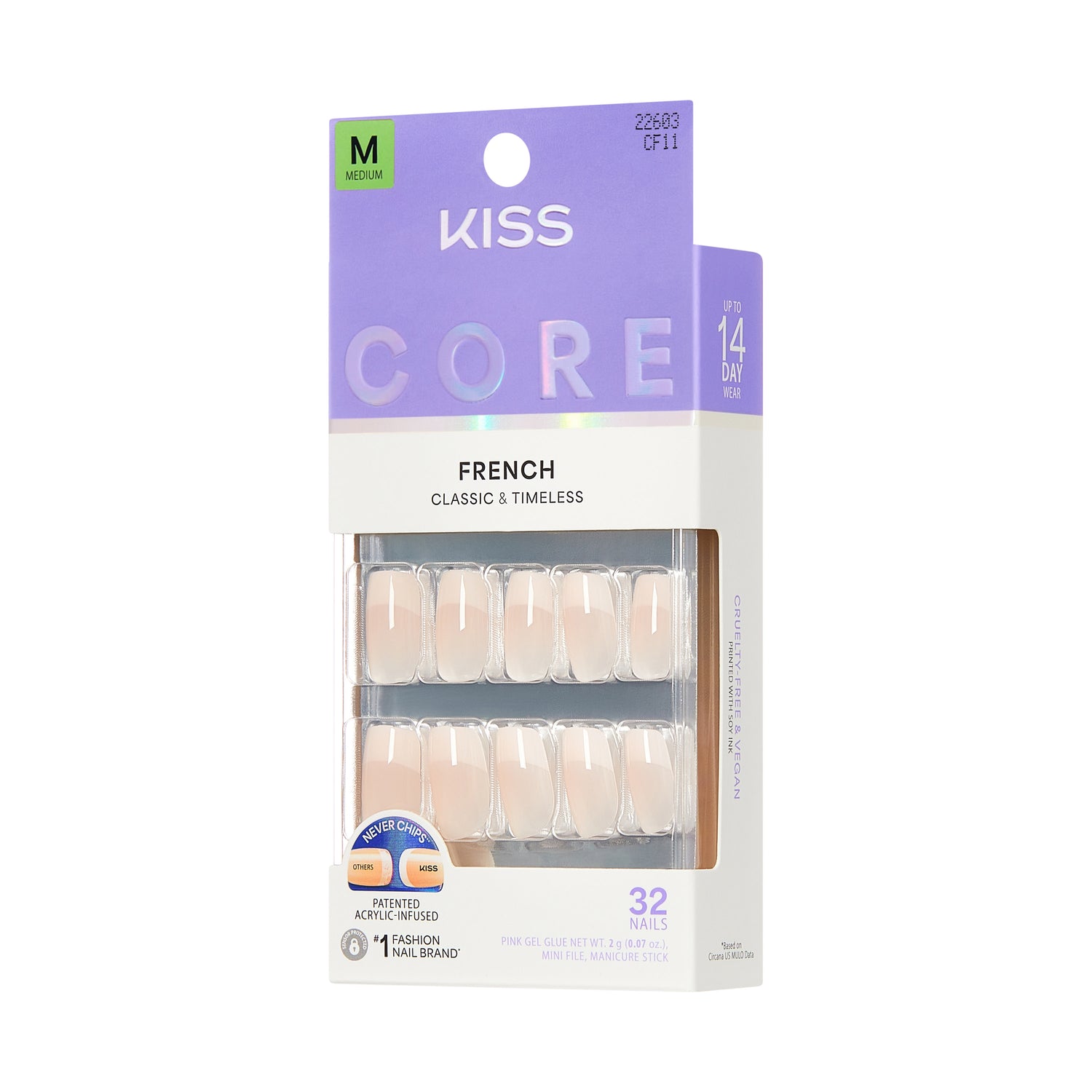 KISS CORE French Tip Press On Nails, ‘Scenario’, White, Medium Squoval, 32 Count