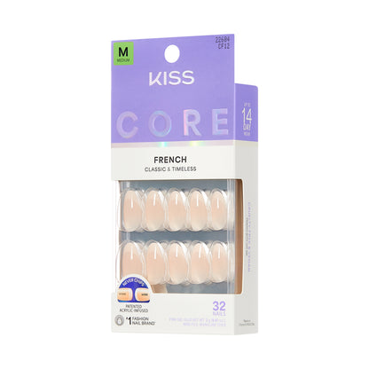 KISS CORE French Tip Press On Nails Almond, ‘Burble’, White, Medium Length, 32 Count